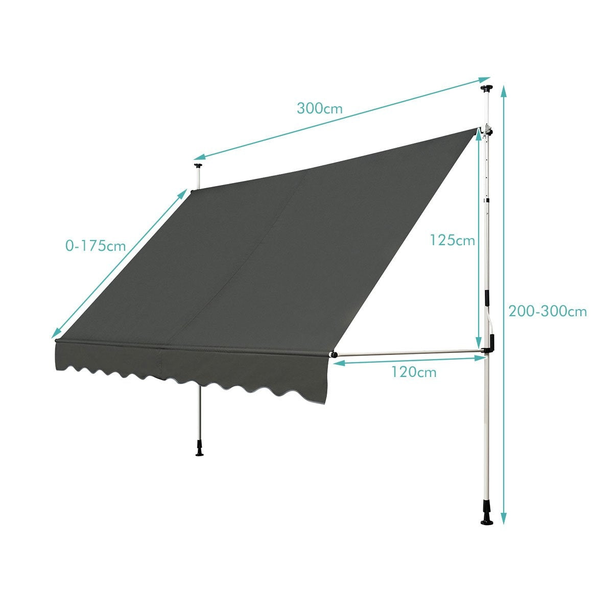 Un toldo gris con dimensiones etiquetadas. El toldo se extiende desde una estructura de soporte. Medidas: 300 cm, 120 cm y 125 cm.