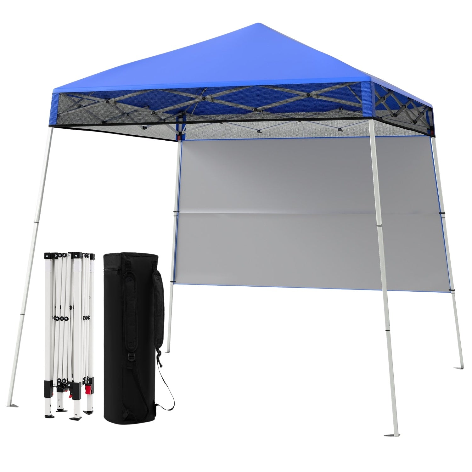Un toldo emergente azul y blanco con pared lateral. Incluye una bolsa de transporte y un marco plegado.