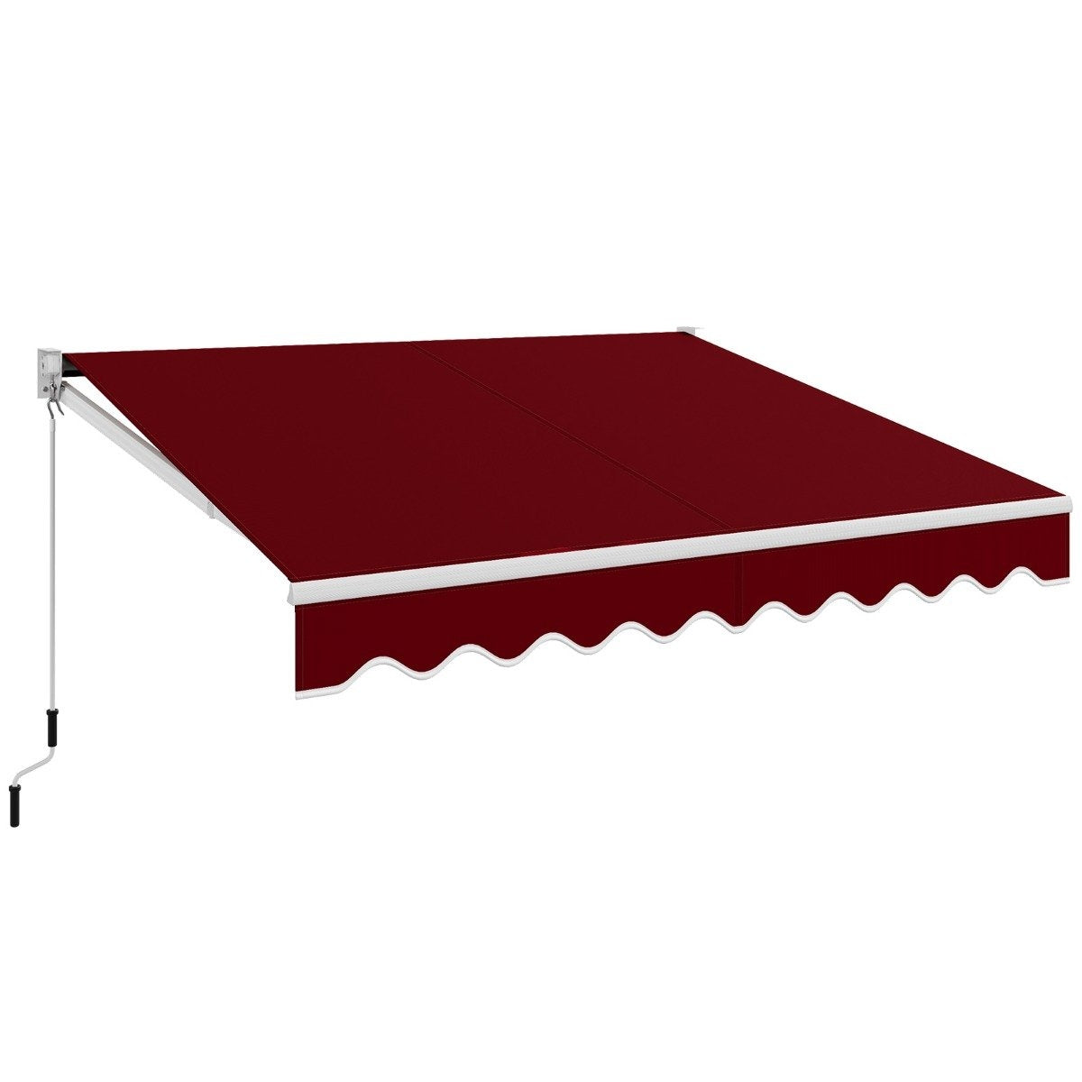 Un toldo retráctil granate con ribete blanco. Está extendido, sostenido por brazos blancos y una manivela en una pared blanca.