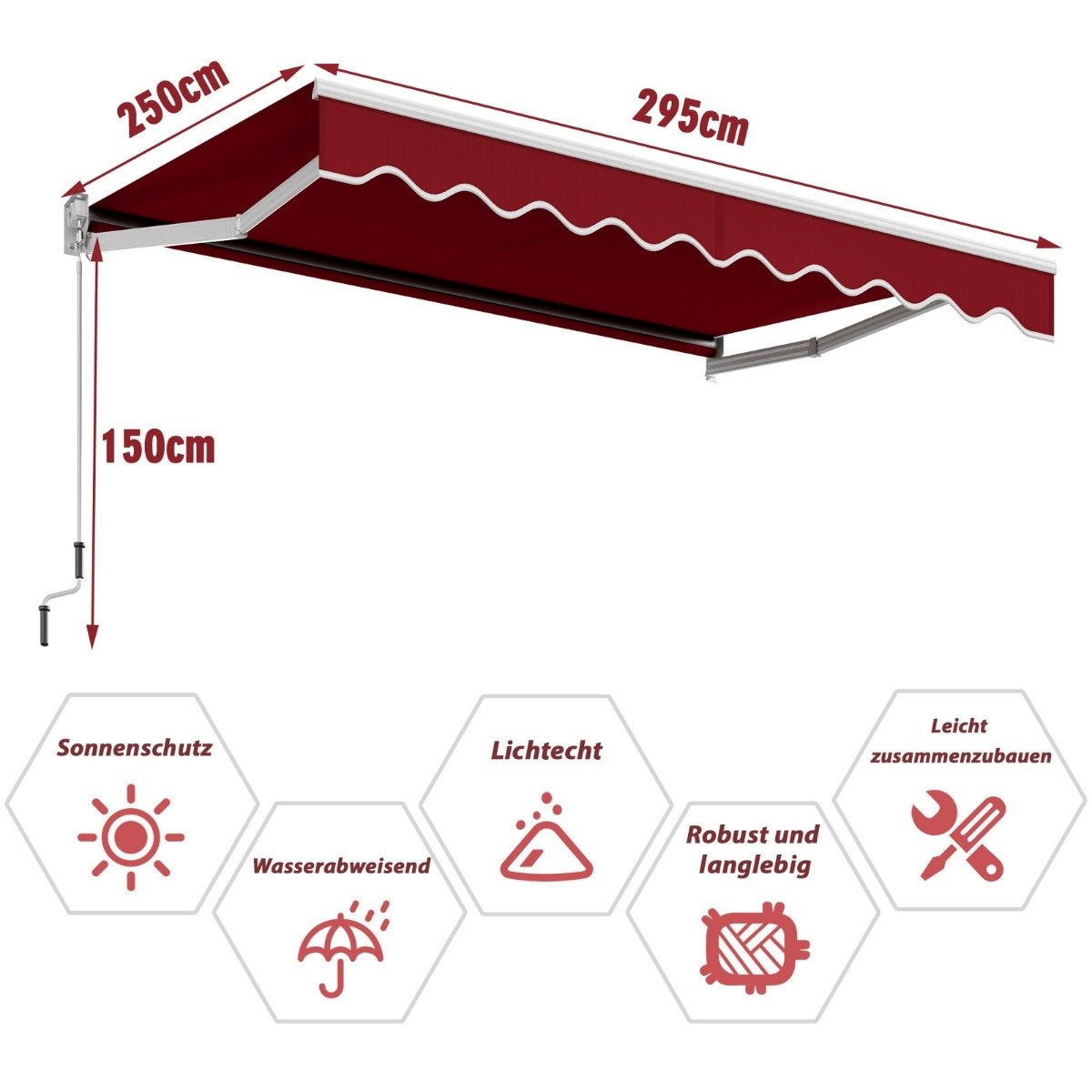 Un toldo rojo con dimensiones etiquetadas. Ofrece protección solar, resistencia al agua y fácil montaje. Se muestran otros iconos.