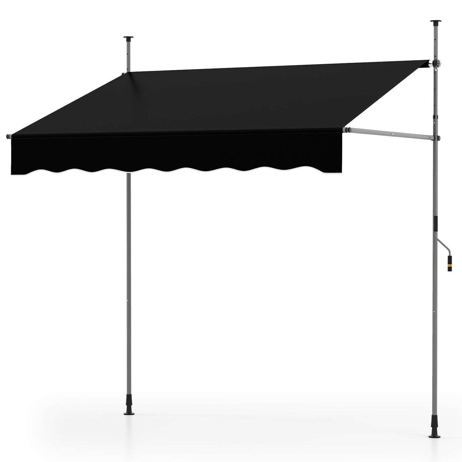 Un toldo negro con borde festoneado está sostenido por postes metálicos grises. El toldo está en ángulo y sobre un fondo blanco.