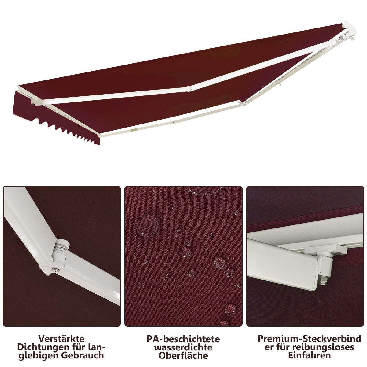 Se muestra un toldo granate con marco blanco, junto con primeros planos de sus características. Tiene sellos reforzados y una superficie impermeable.