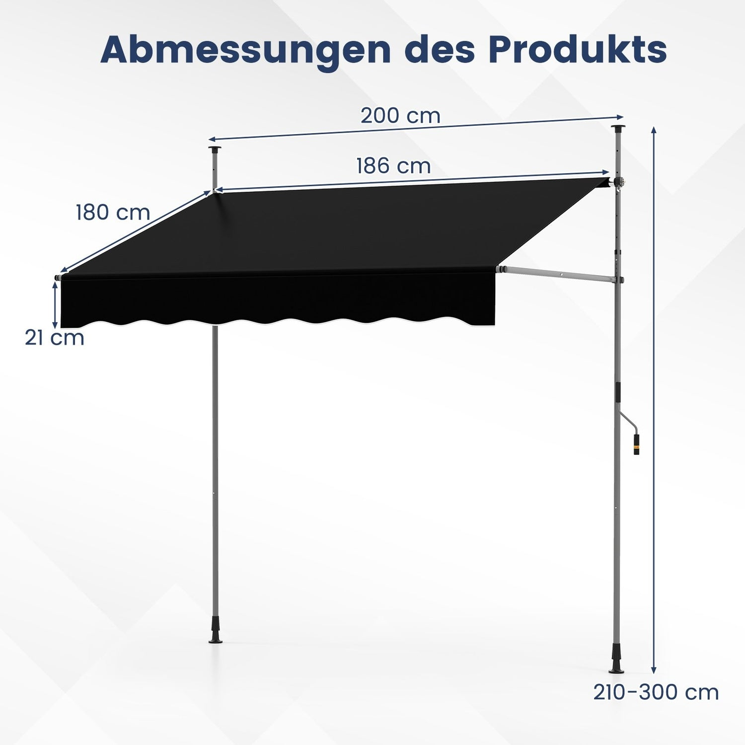 Un toldo negro con dimensiones: 200 cm ancho, 186 cm cubierto, 180 cm lado, y 21 cm alto. El poste de soporte mide 210-300 cm.