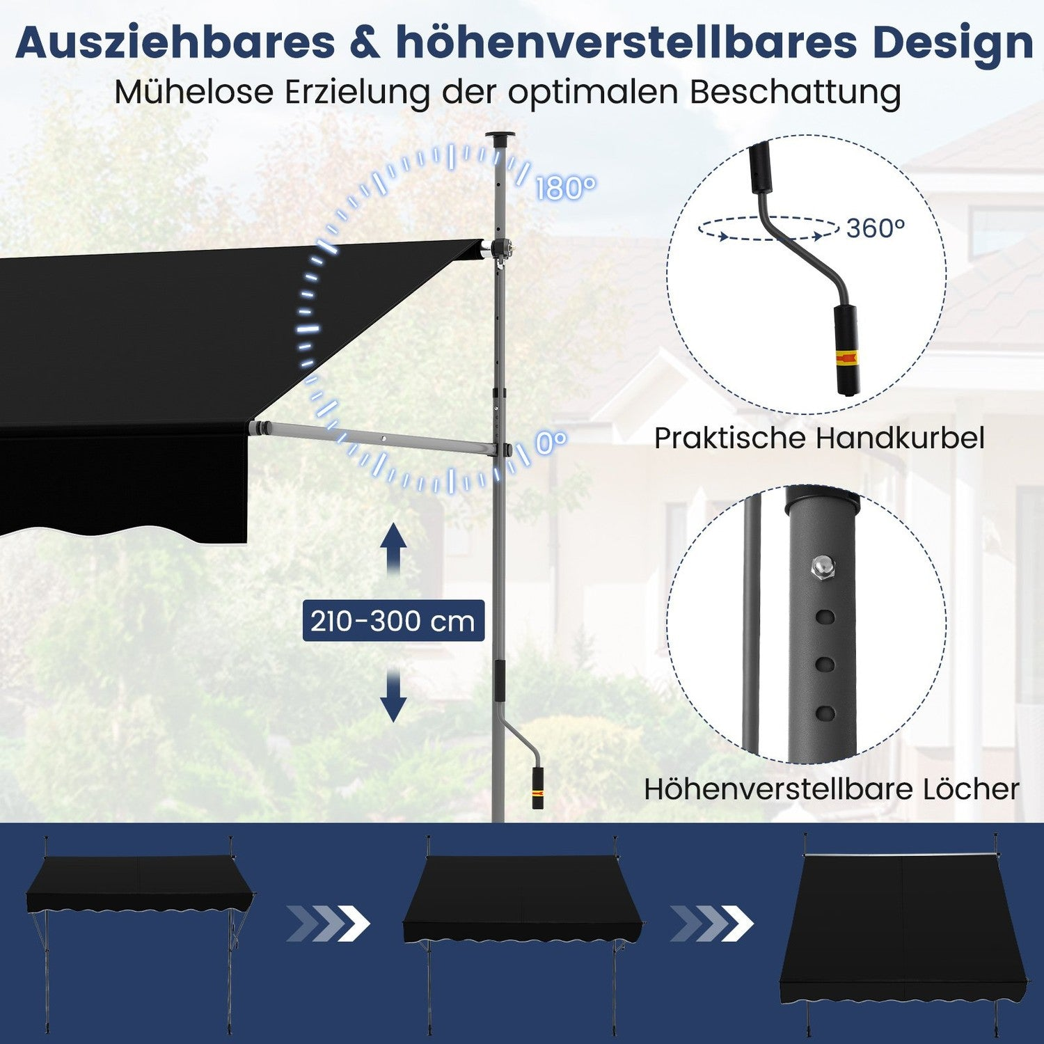 Diagrama de un toldo ajustable con ajustes de altura y ángulo, incluyendo una manivela y agujeros ajustables en altura. Toldo negro.