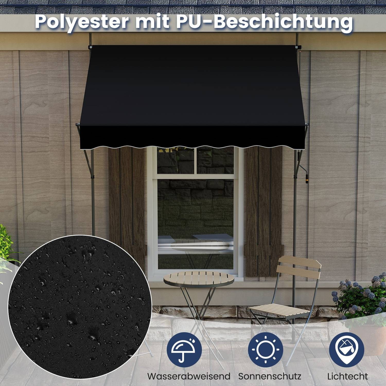 Toldo negro sobre una ventana. Delante hay una mesa y una silla. El toldo tiene escrito 'Polyester mit PU-Beschichtung'.