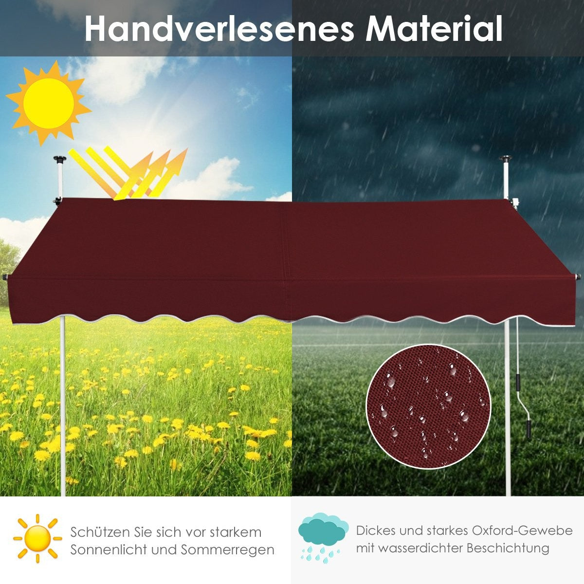 Se muestra un toldo burdeos con ilustraciones de sol y lluvia. El toldo protege de la luz solar y la lluvia. Está hecho de tela Oxford impermeable.