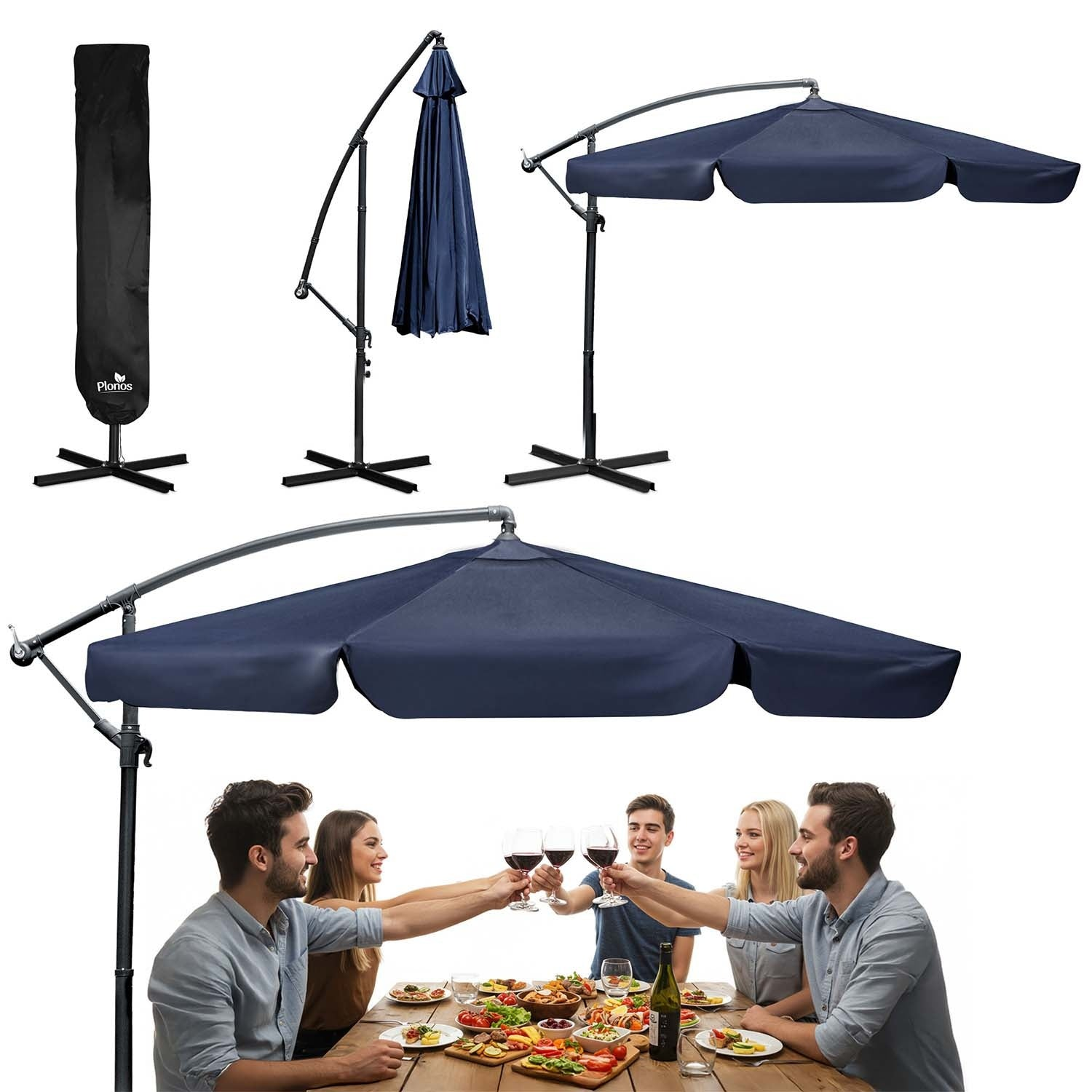 Personas brindando con vino en una mesa con comida, bajo una sombrilla azul. Se muestran otras sombrillas y una funda.