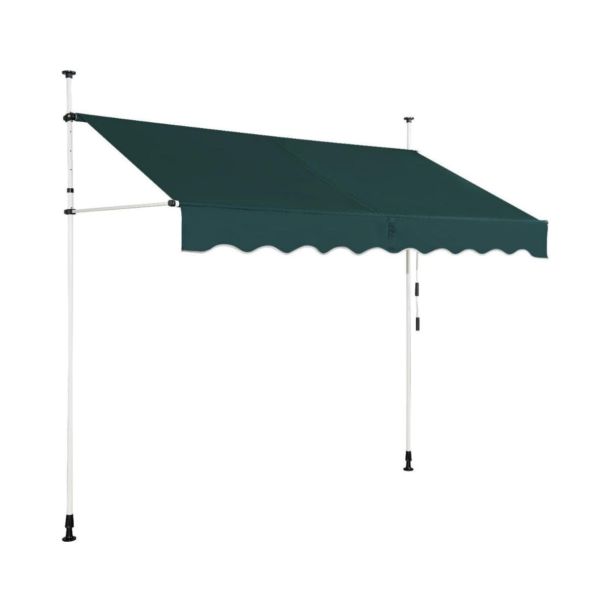Un toldo verde con postes de soporte blancos. El toldo tiene un borde festoneado. El fondo es blanco.