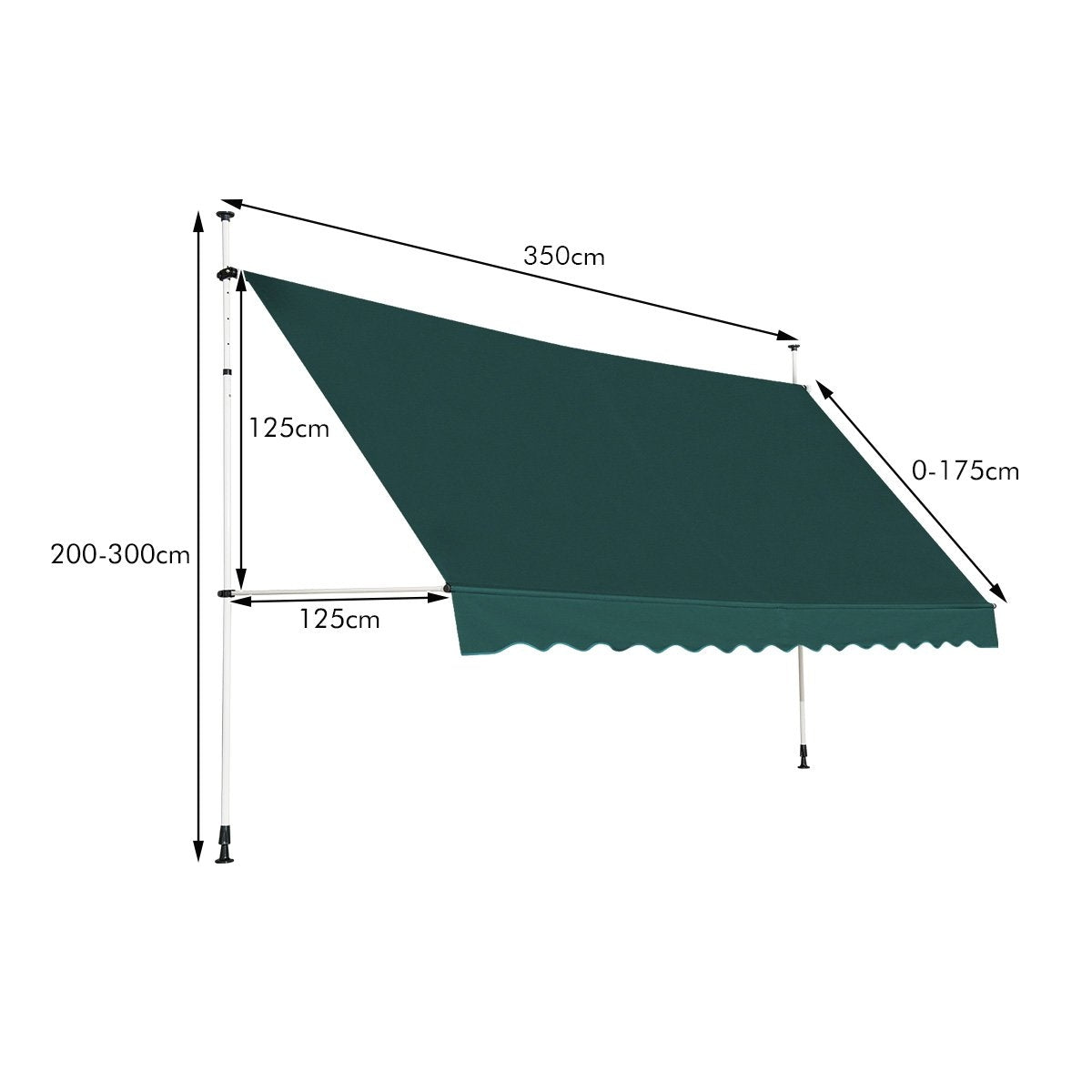 Un toldo verde con dimensiones. El toldo se extiende 350 cm, con una altura de 200-300 cm. Un brazo de 125 cm sostiene el toldo.