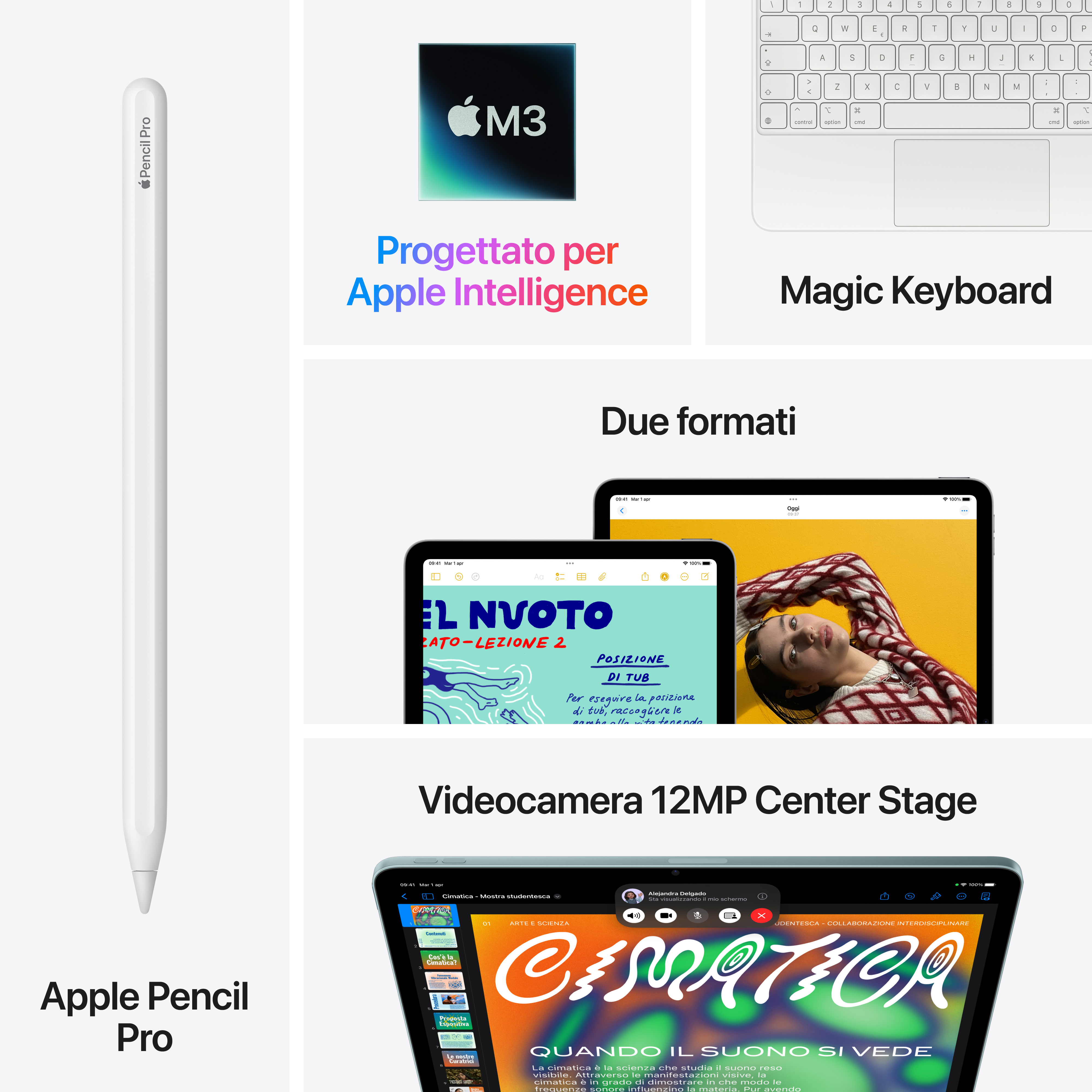 Obrazek przedstawia Apple Pencil Pro, logo chipa M3, Magic Keyboard i dwa iPady.