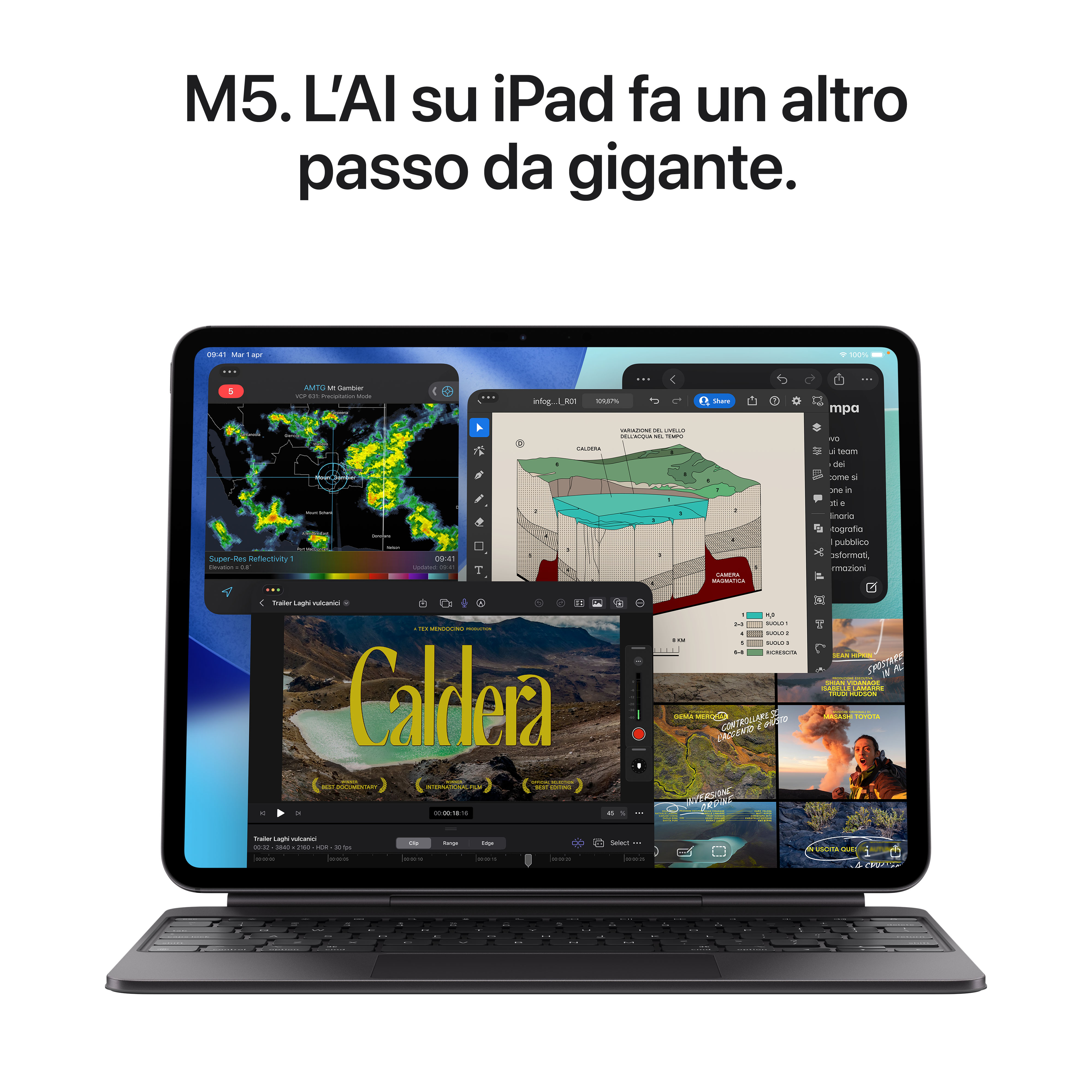 iPad con tastiera mostra un video su una caldera vulcanica, con testo in italiano.