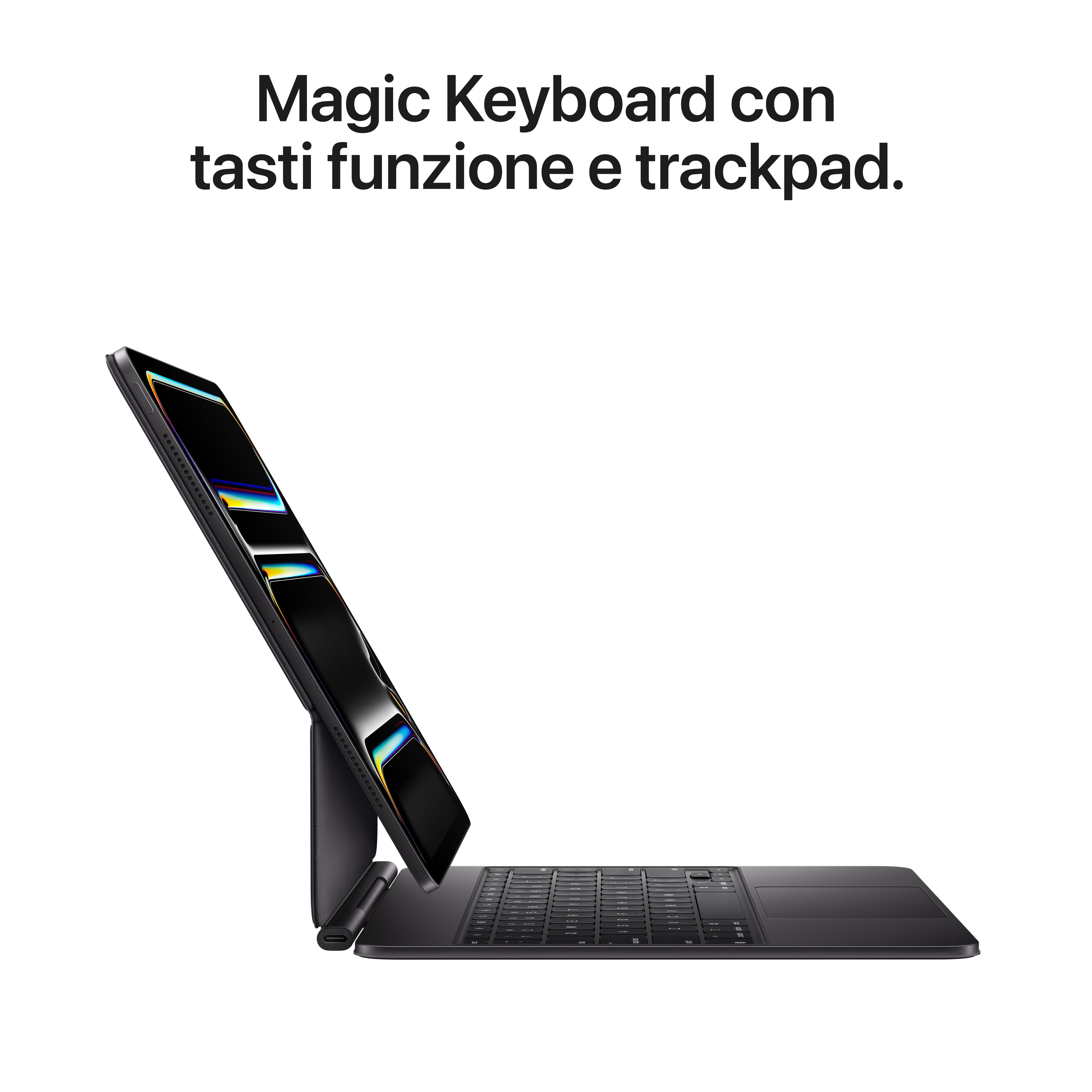 Czarna klawiatura Magic Keyboard z dołączonym tabletem, pochylona. Tekst: Magic Keyboard z klawiszami funkcyjnymi i gładzikiem.