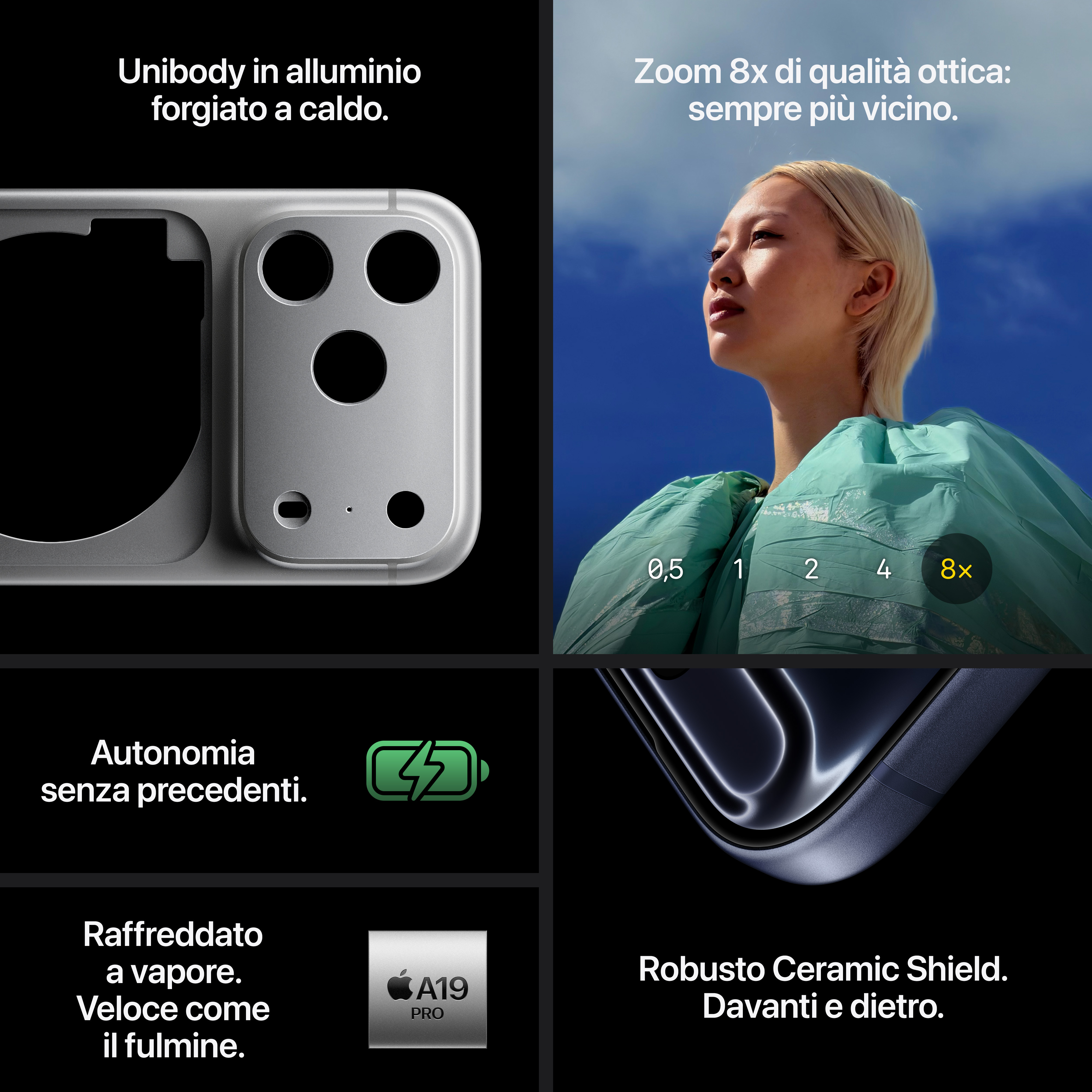 La imagen muestra componentes del teléfono y una mujer con fondo de cielo azul. El texto destaca características y zoom de la cámara.