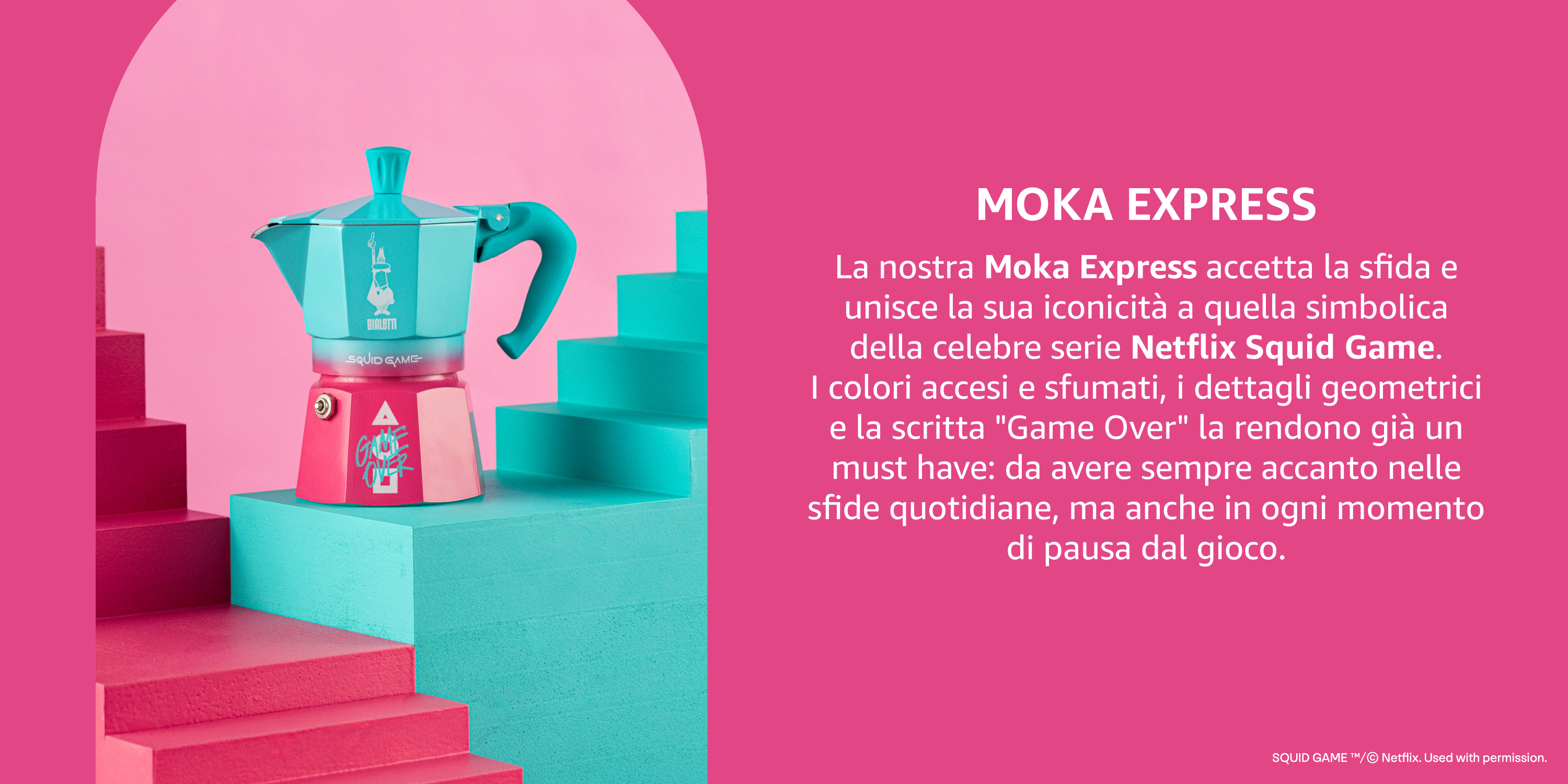 Turkusowo-różowy ekspres do kawy Moka Express na różowej i turkusowej geometrycznej powierzchni, z różowym tłem.