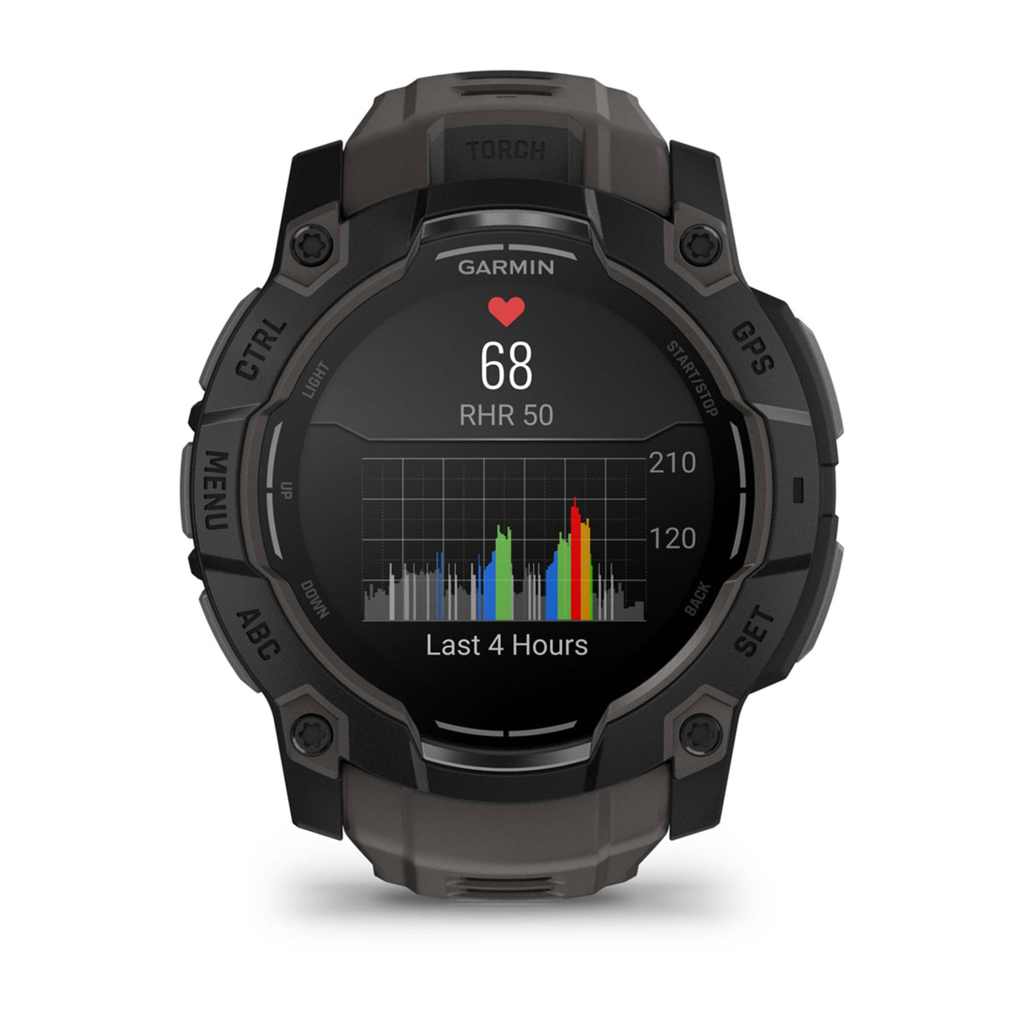 Un reloj inteligente Garmin muestra la frecuencia cardíaca como 68, RHR 50, y un gráfico de las últimas 4 horas.