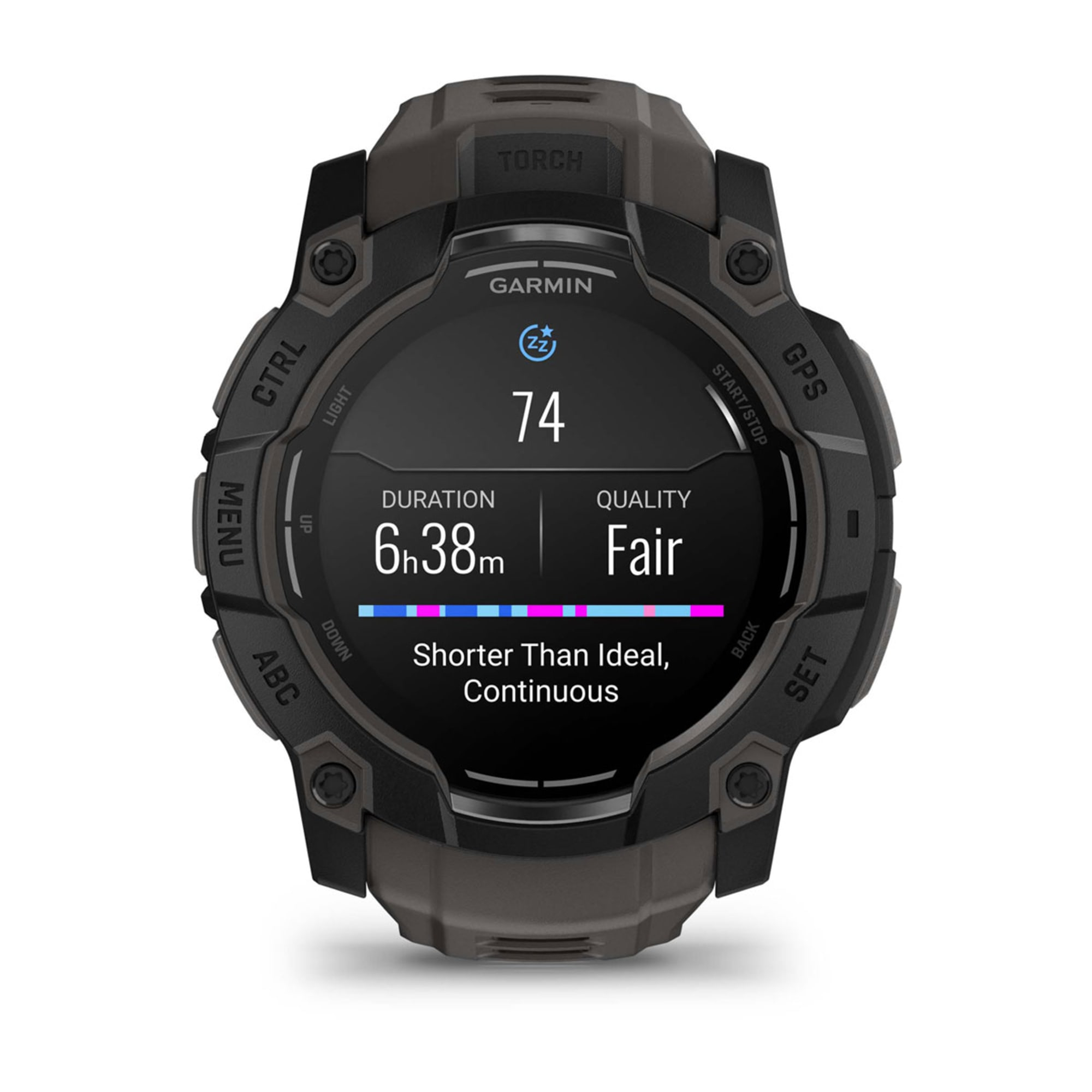 Een Garmin smartwatch toont slaapgegevens: duur 6u38m, kwaliteit Matig. Het horloge is zwart en grijs.