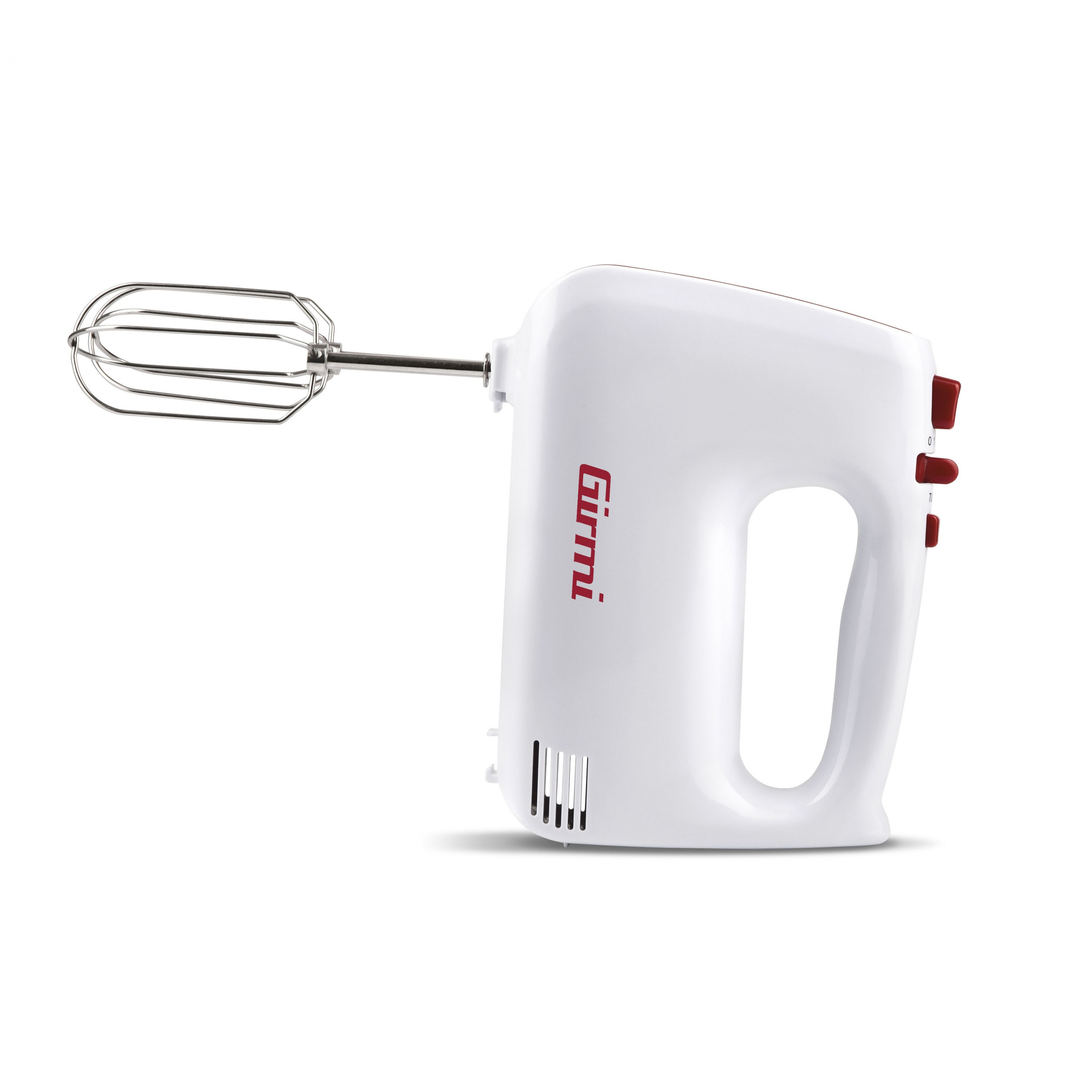 Un frullatore a mano bianco e rosso su sfondo bianco. Ha un accessorio frusta e comandi velocità rossi.