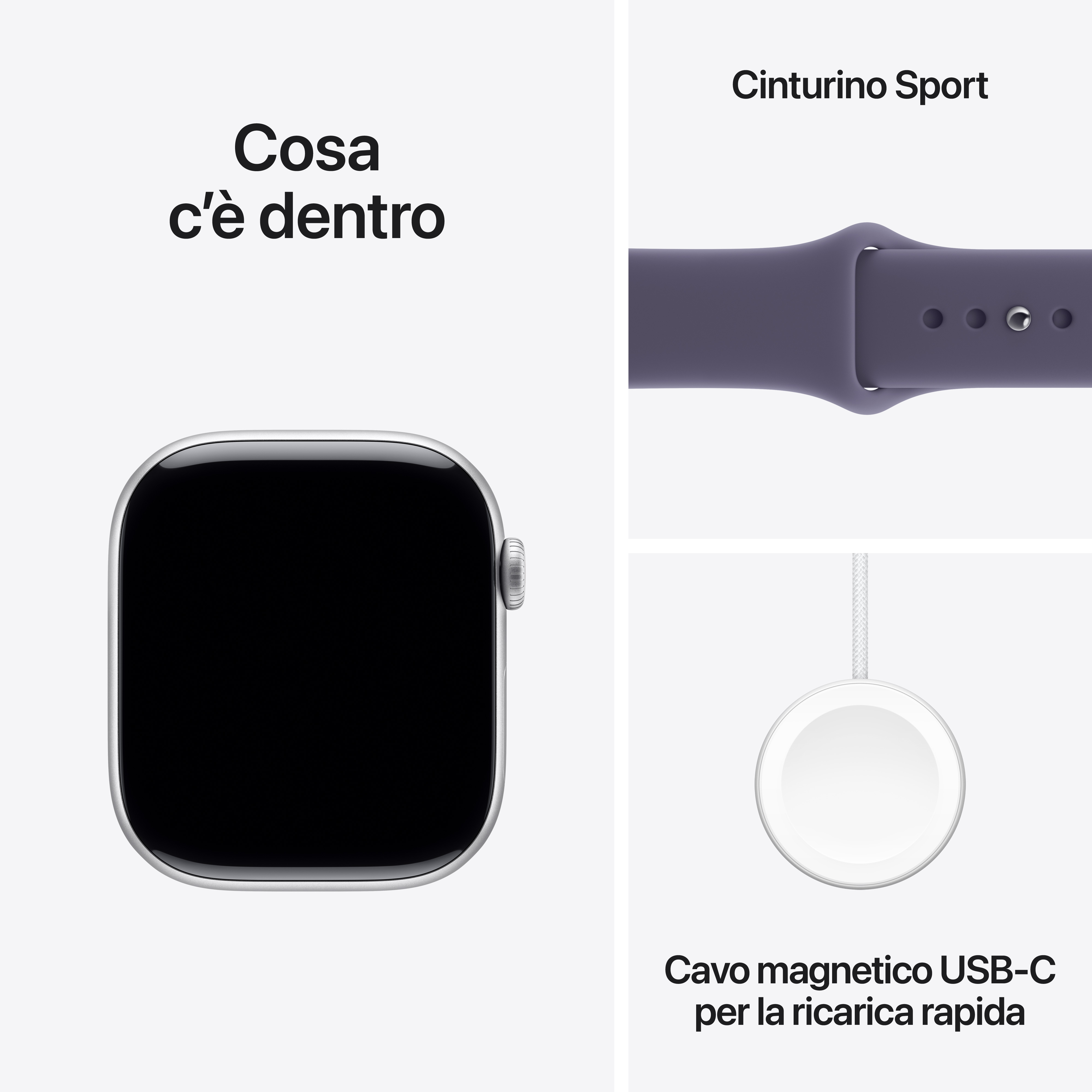 Obrazek przedstawia Apple Watch, sportowy pasek i ładowarkę USB-C. Tekst po włosku.