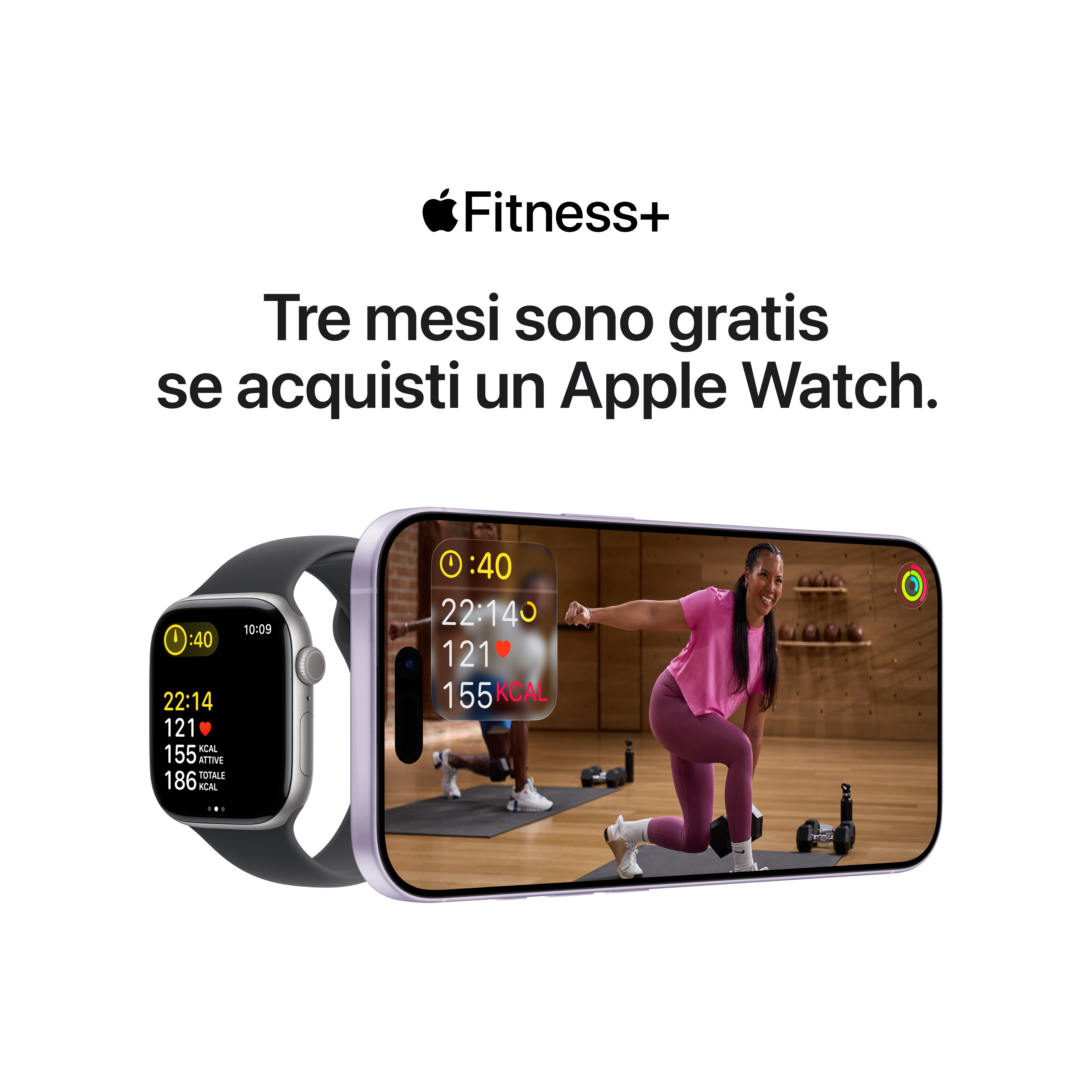 Obraz przedstawia Apple Watch i iPhone z promocją Fitness+. Kobieta ćwiczy na telefonie.