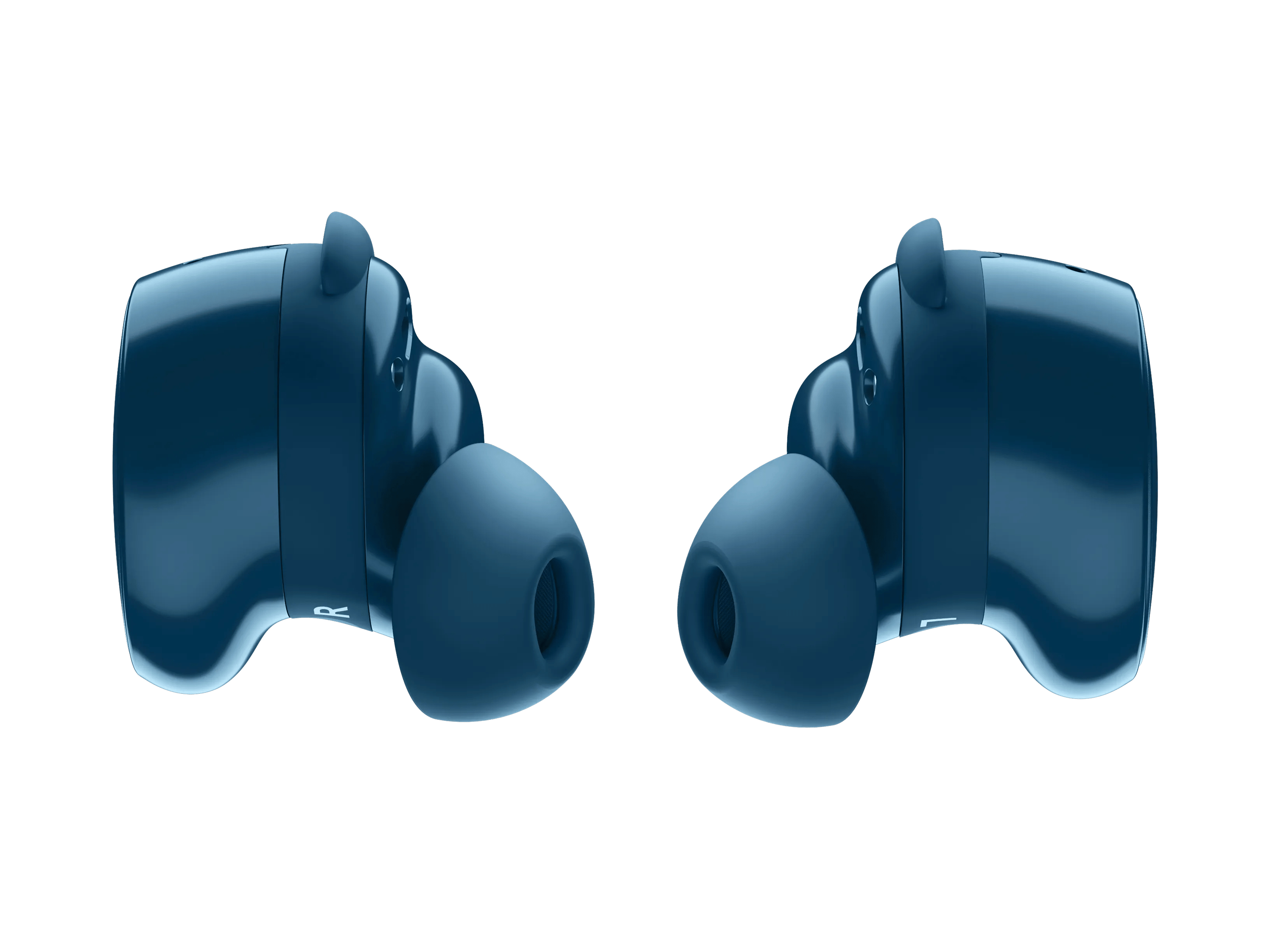 Dos auriculares inalámbricos azules sobre un fondo blanco. Cada uno tiene una punta suave. El auricular derecho está marcado con una R.