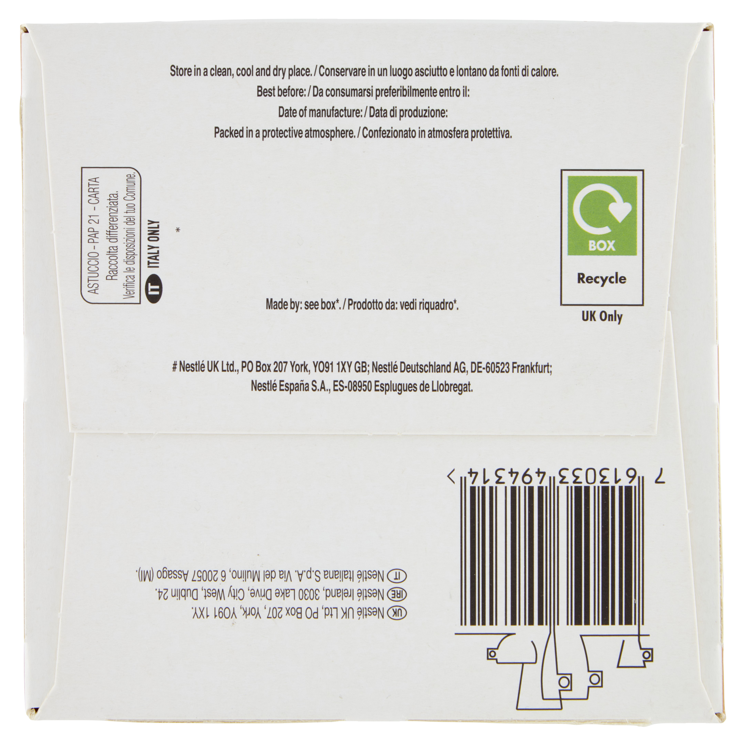 Weiße Produktverpackung mit Text und Recyclingsymbol. Text enthält Lagerhinweise und Firmendetails.
