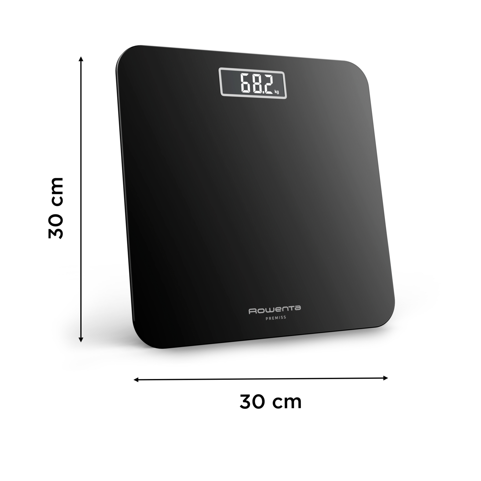 Eine schwarze digitale Badezimmerwaage zeigt 68,2 kg. Sie ist 30x30 cm groß. Die Marke ist Rowenta.