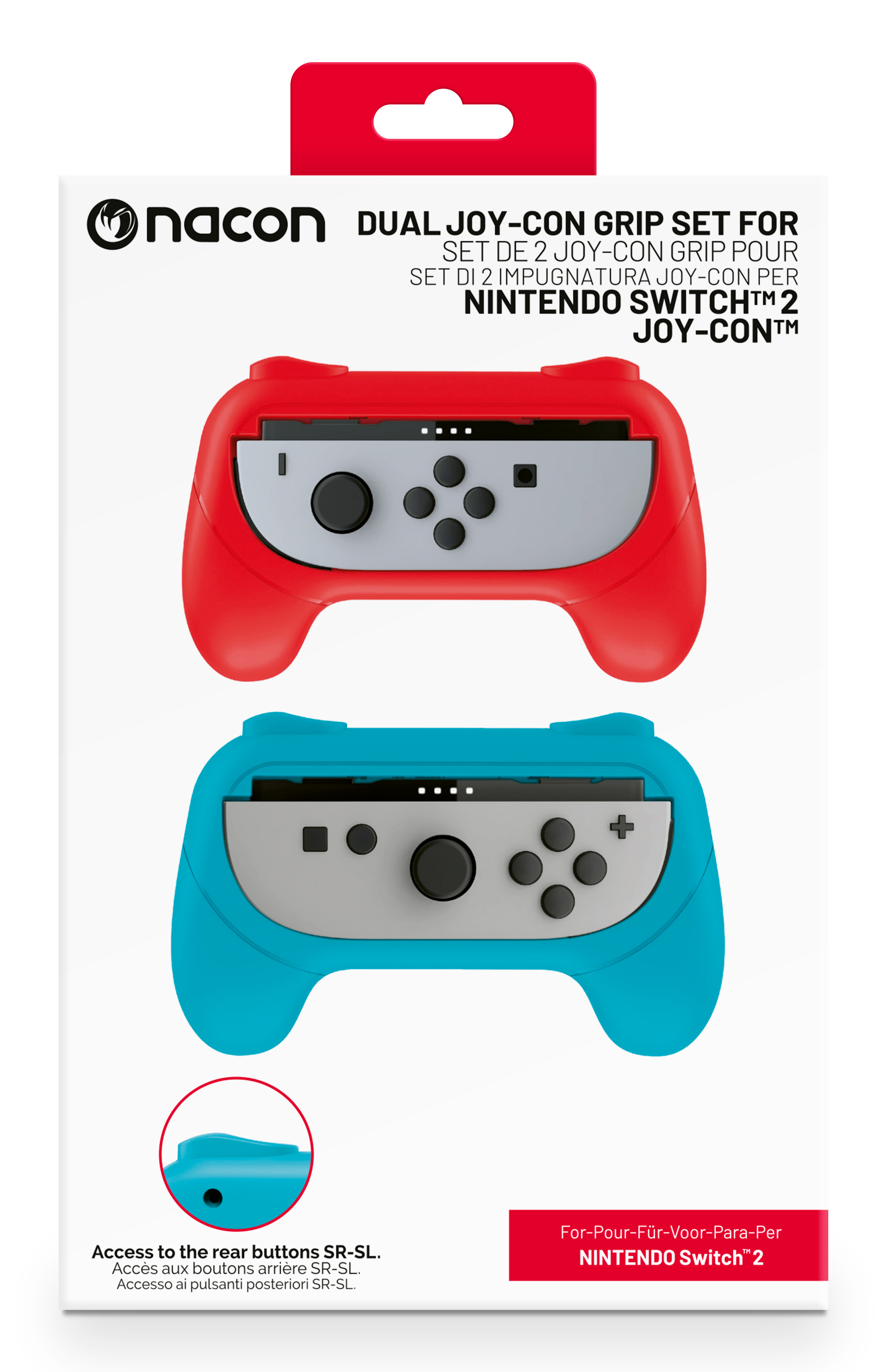 Caja de producto muestra agarres Joy-Con rojos y azules para Nintendo Switch 2, con el logo Nacon.