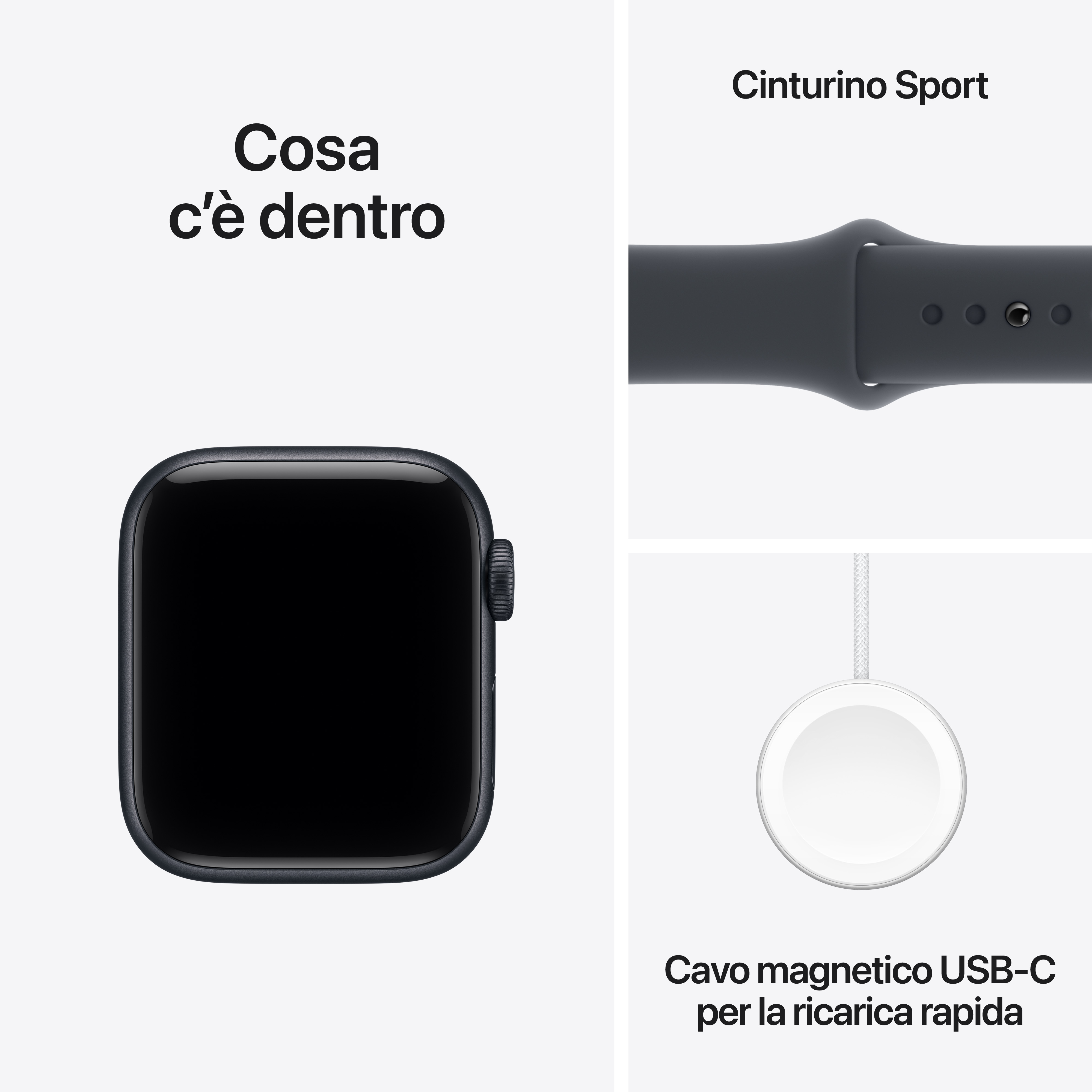 Obraz przedstawia smartwatch, sportowy pasek i magnetyczny kabel ładujący USB-C. Zegarek jest czarny. Pasek i kabel są szare i białe.