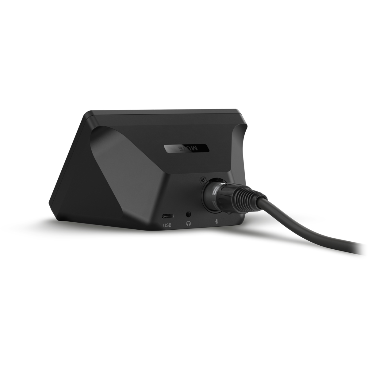 Un dispositivo nero con un cavo collegato. Ha una porta USB, un jack per cuffie e un ingresso microfono. La parola 'MUTE' è visibile.
