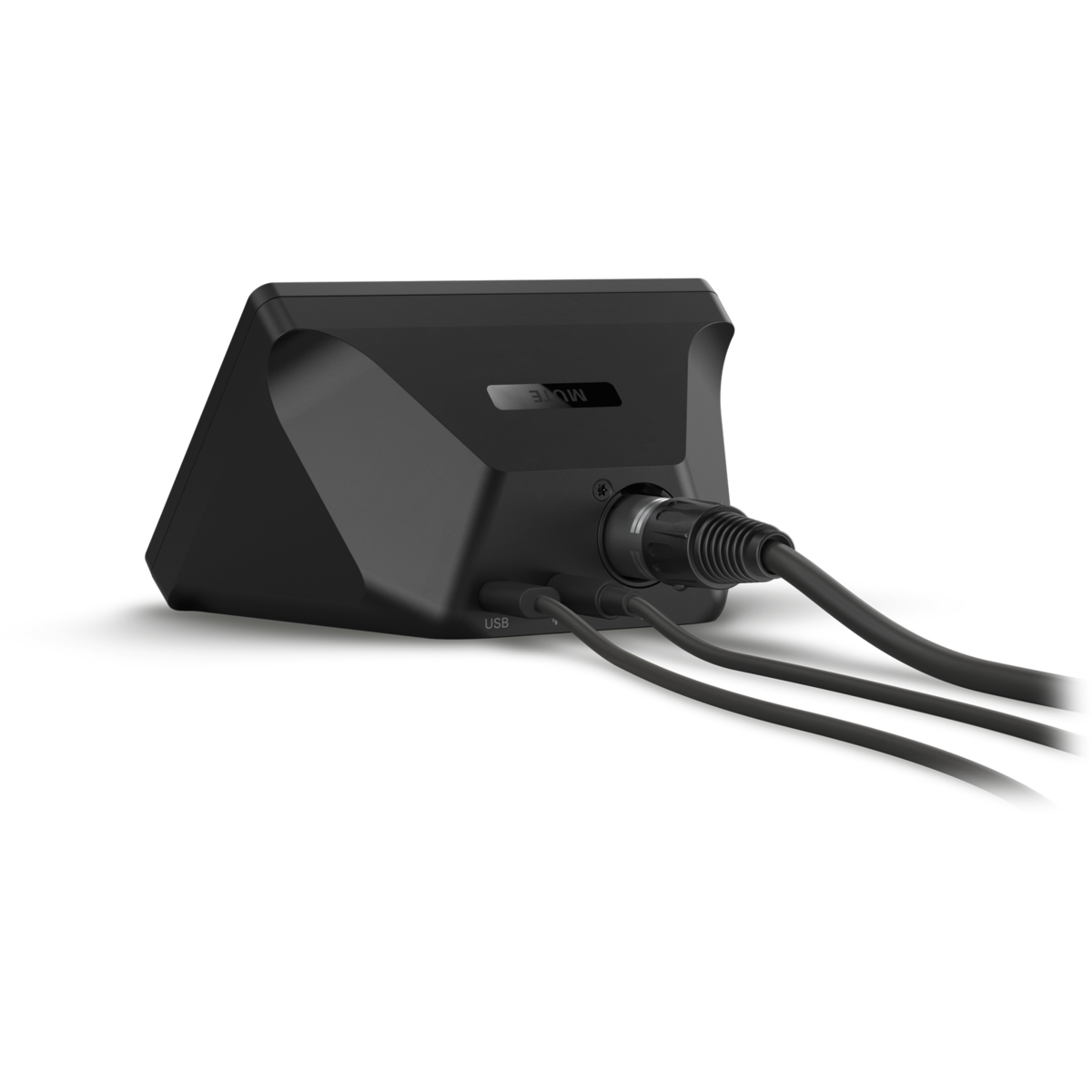 Un dispositivo nero con cavi collegati. La parola "MUTE" è visibile. USB e un connettore rotondo sono collegati.