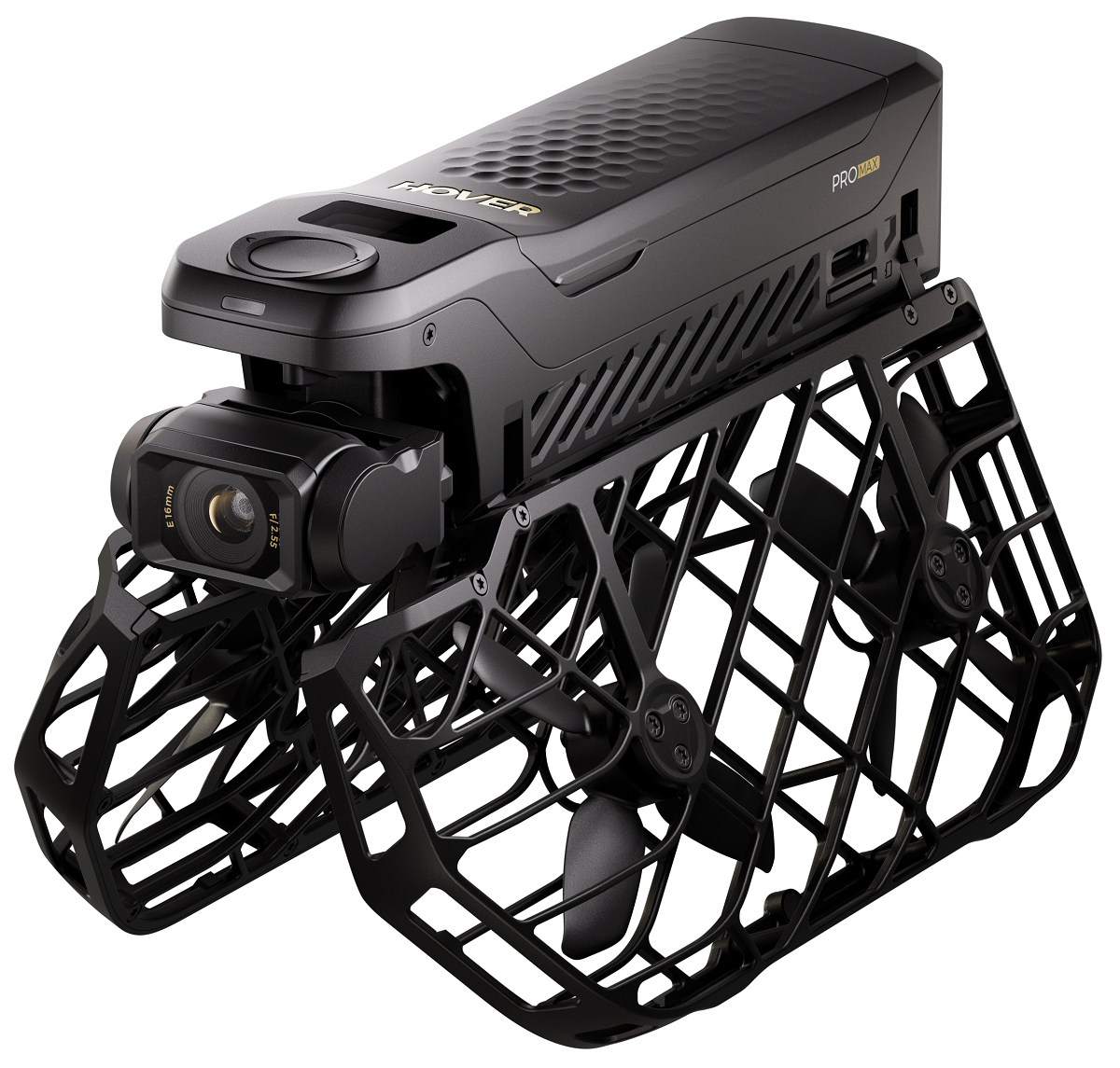 Czarny dron z kamerą, śmigłami i klatkami ochronnymi. Na górze logo 'HOVER' i napis 'PRO MAX'.