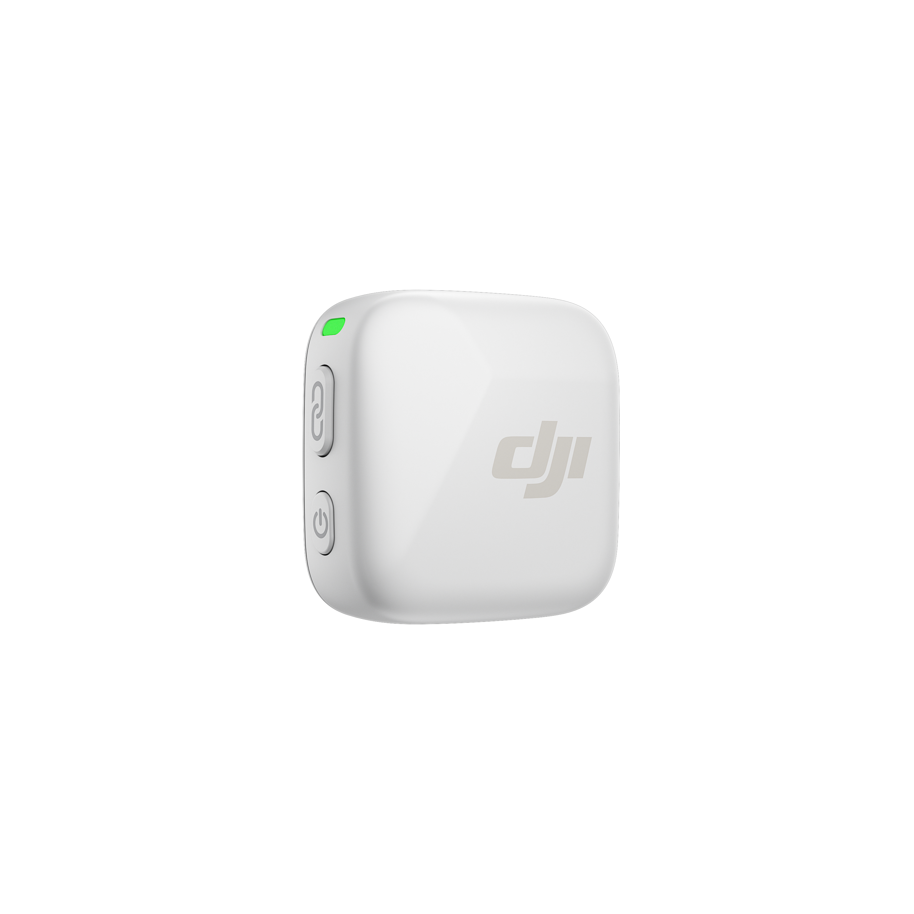 Biały nadajnik audio DJI, z przyciskiem zasilania i łącza. Zielone światło na górze.