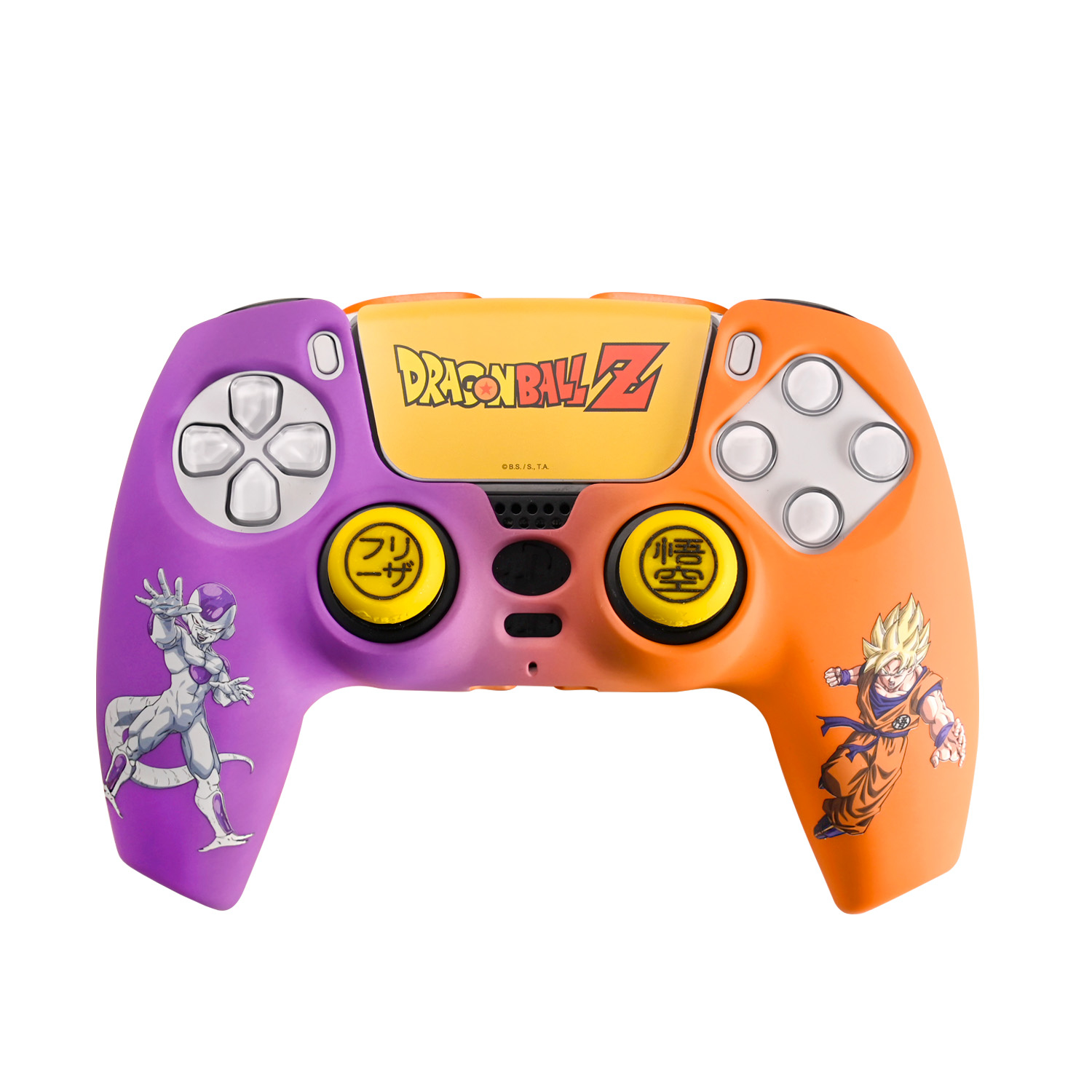 Un controlador con temática de Dragon Ball Z. Púrpura y naranja con los personajes Freezer y Goku. Botones amarillos con caracteres japoneses.