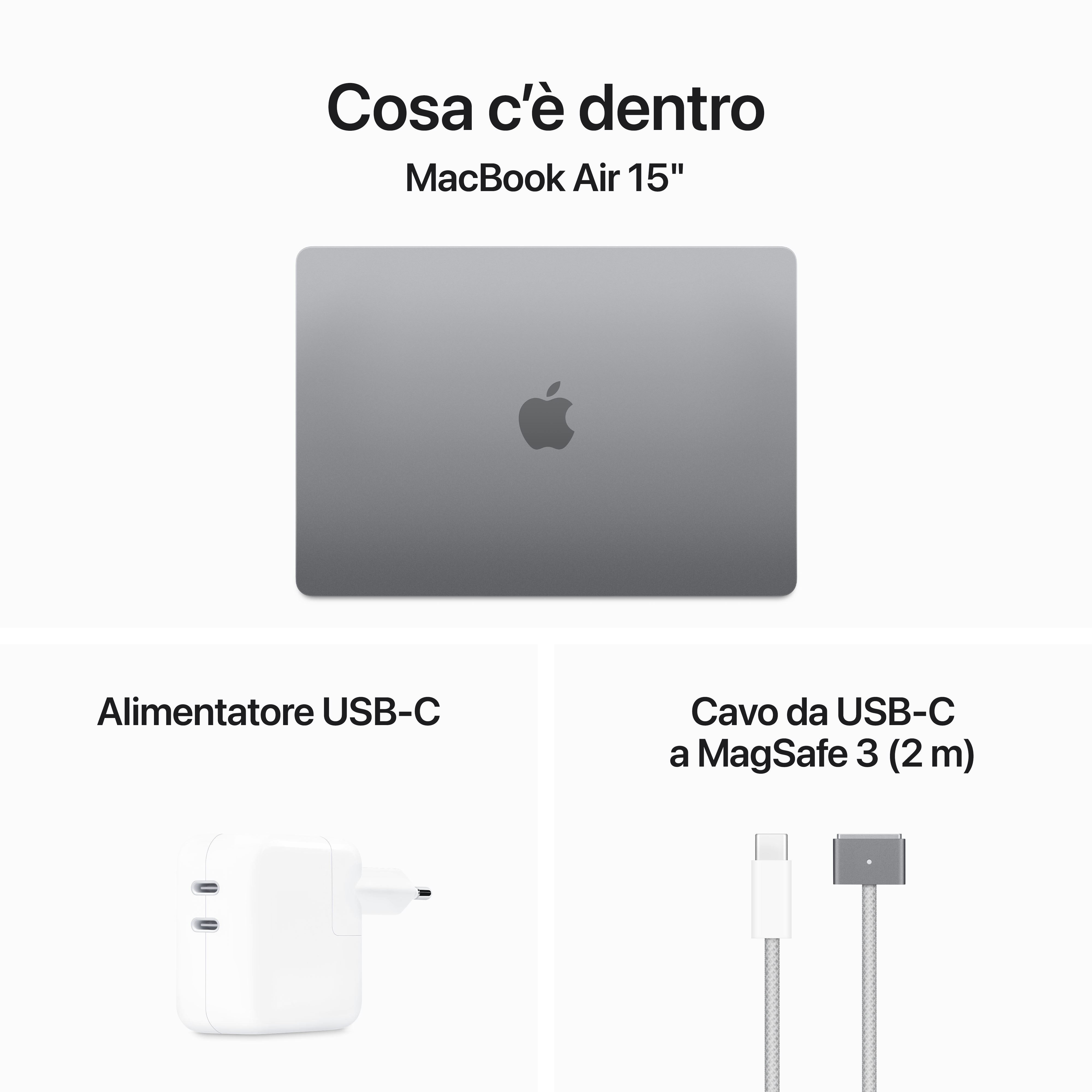 Obraz przedstawia MacBook Air 15", ładowarkę USB-C i kabel USB-C do MagSafe 3. Wszystko na białym tle.