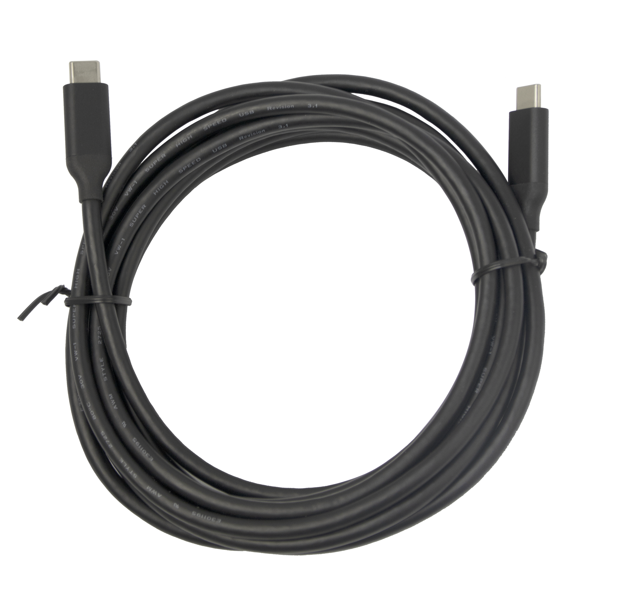 Un cavo USB-C nero, arrotolato su sfondo bianco. Entrambe le estremità del cavo sono visibili.