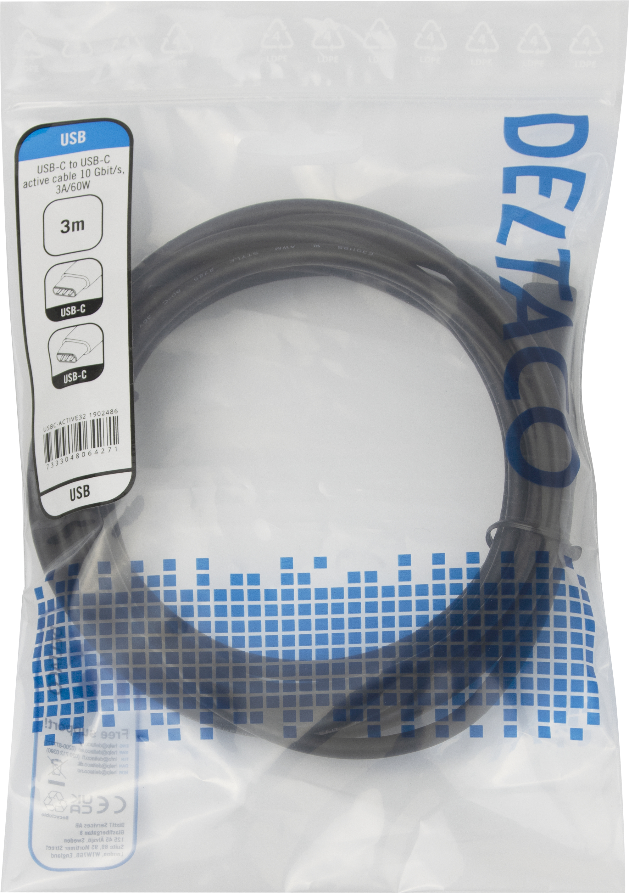 Cavo USB-C nero in confezione di plastica trasparente con etichetta DELTACO. La confezione contiene le specifiche.