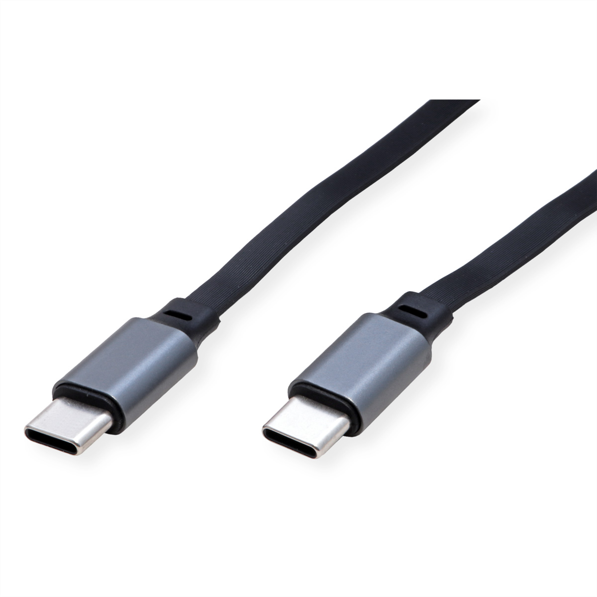 Dos cables USB-C sobre fondo blanco. Se ven conectores grises y cables planos negros.