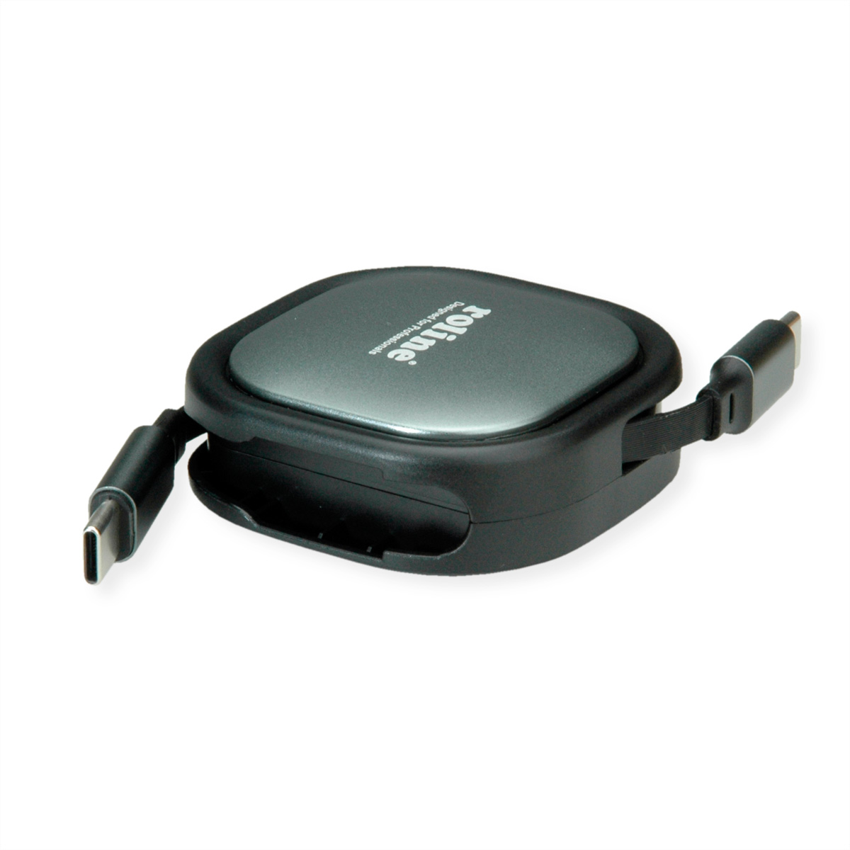 Un carrete de cable RoLine gris y negro con dos conectores USB-C extendidos. Sobre fondo blanco.