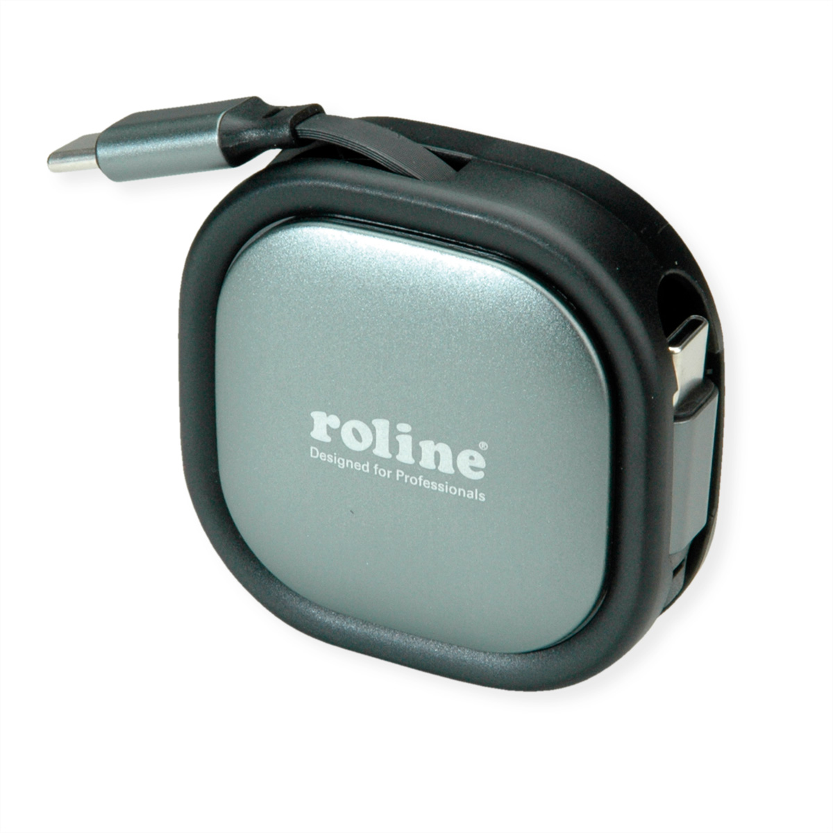 Un cable retráctil Roline gris y negro. El dispositivo es redondo, con centro plateado y borde negro. Conectores USB-C visibles.