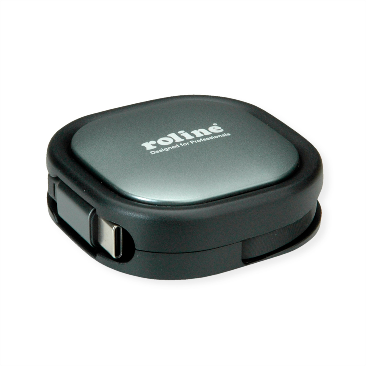 Un enrollador de cable Roline gris y negro. Tiene un puerto USB-C y el nombre de la marca en la parte superior. El fondo es blanco.