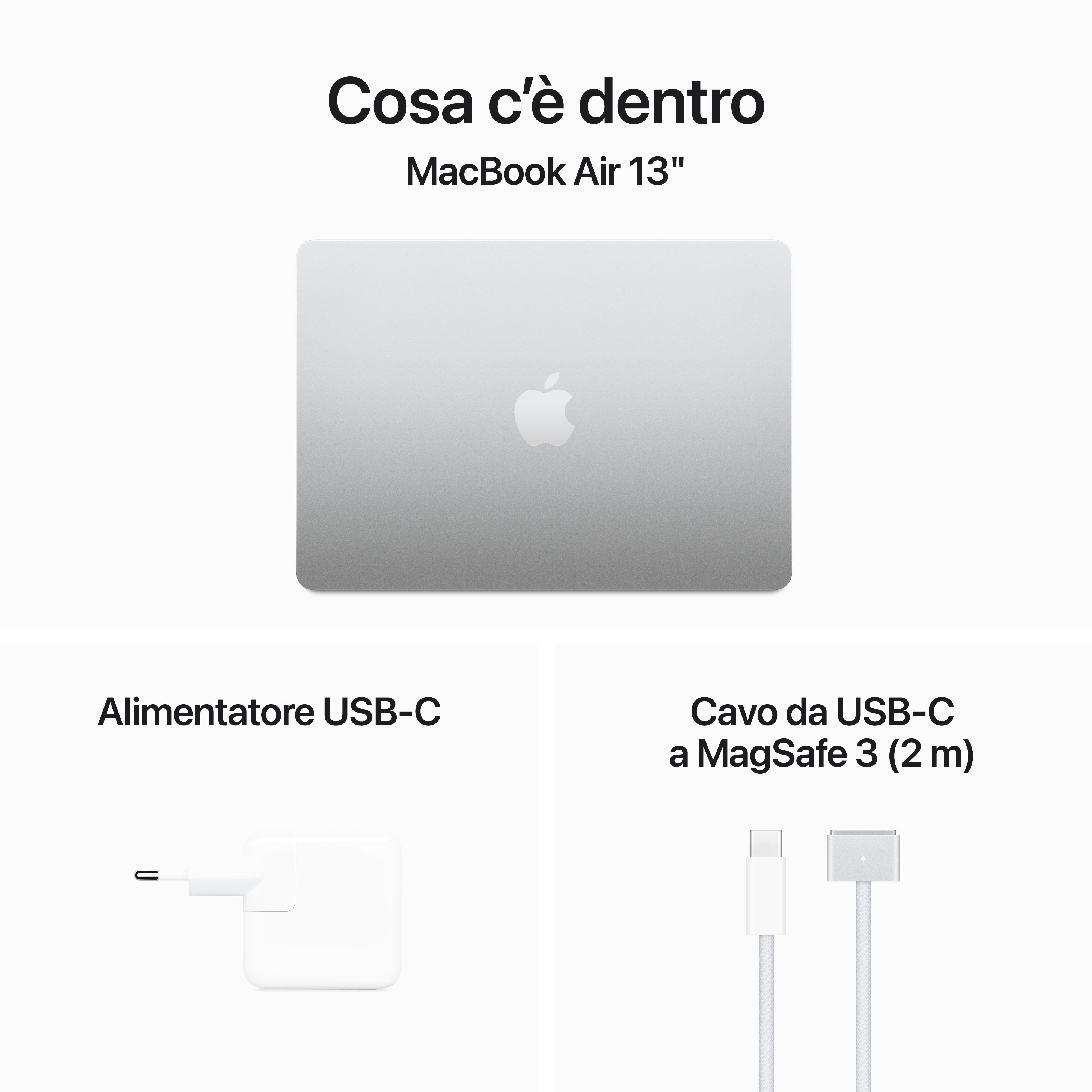 Obraz przedstawia MacBook Air 13", zasilacz USB-C i kabel USB-C do MagSafe 3.