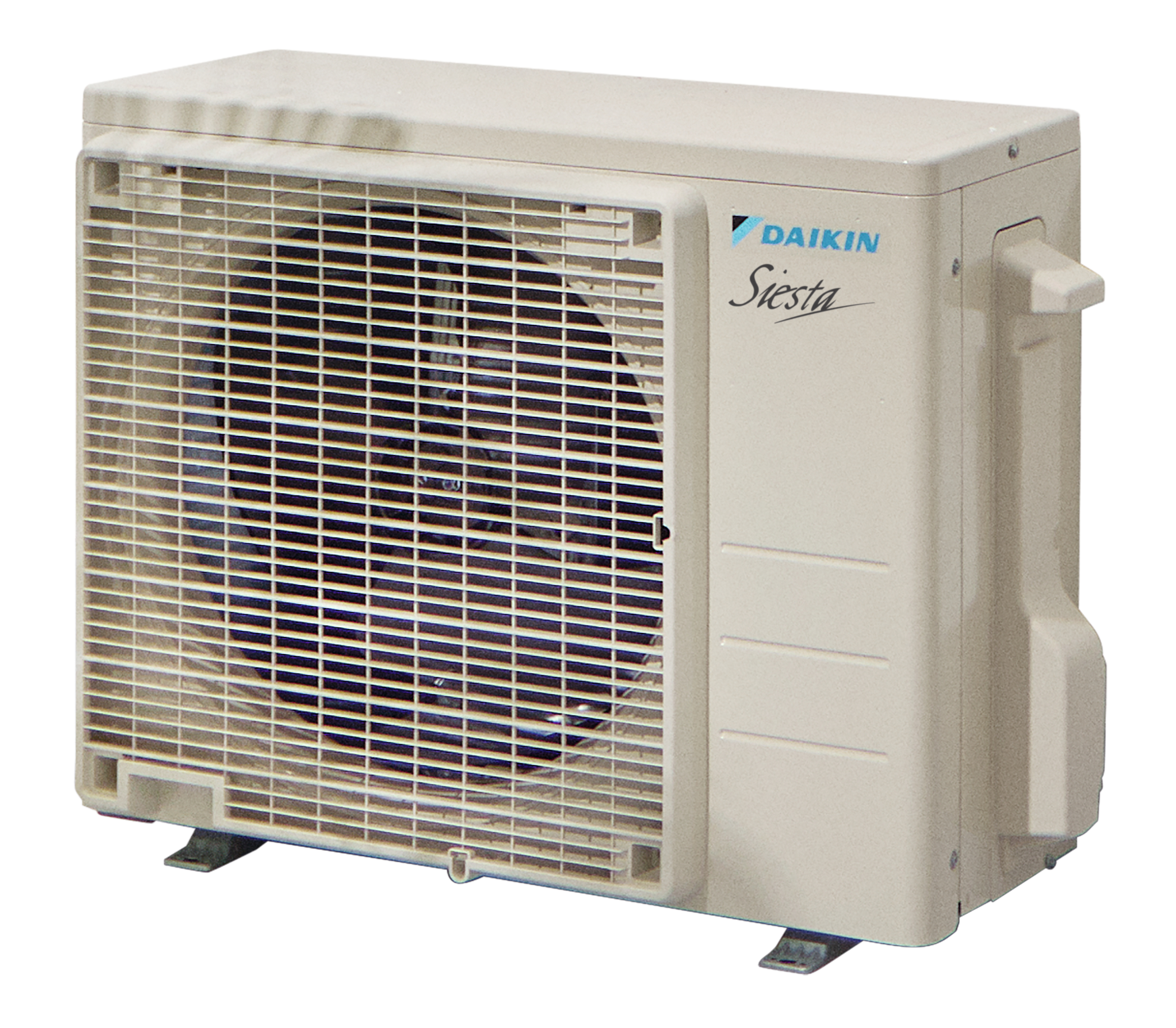Un condizionatore Daikin Siesta bianco sporco. Ha una ventola dietro una griglia e un pannello laterale.