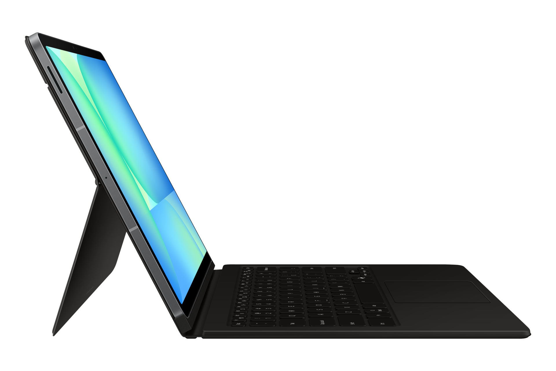 Czarny tablet z klawiaturą, podparty. Ekran wyświetla niebieskie i zielone gradienty. Białe tło.