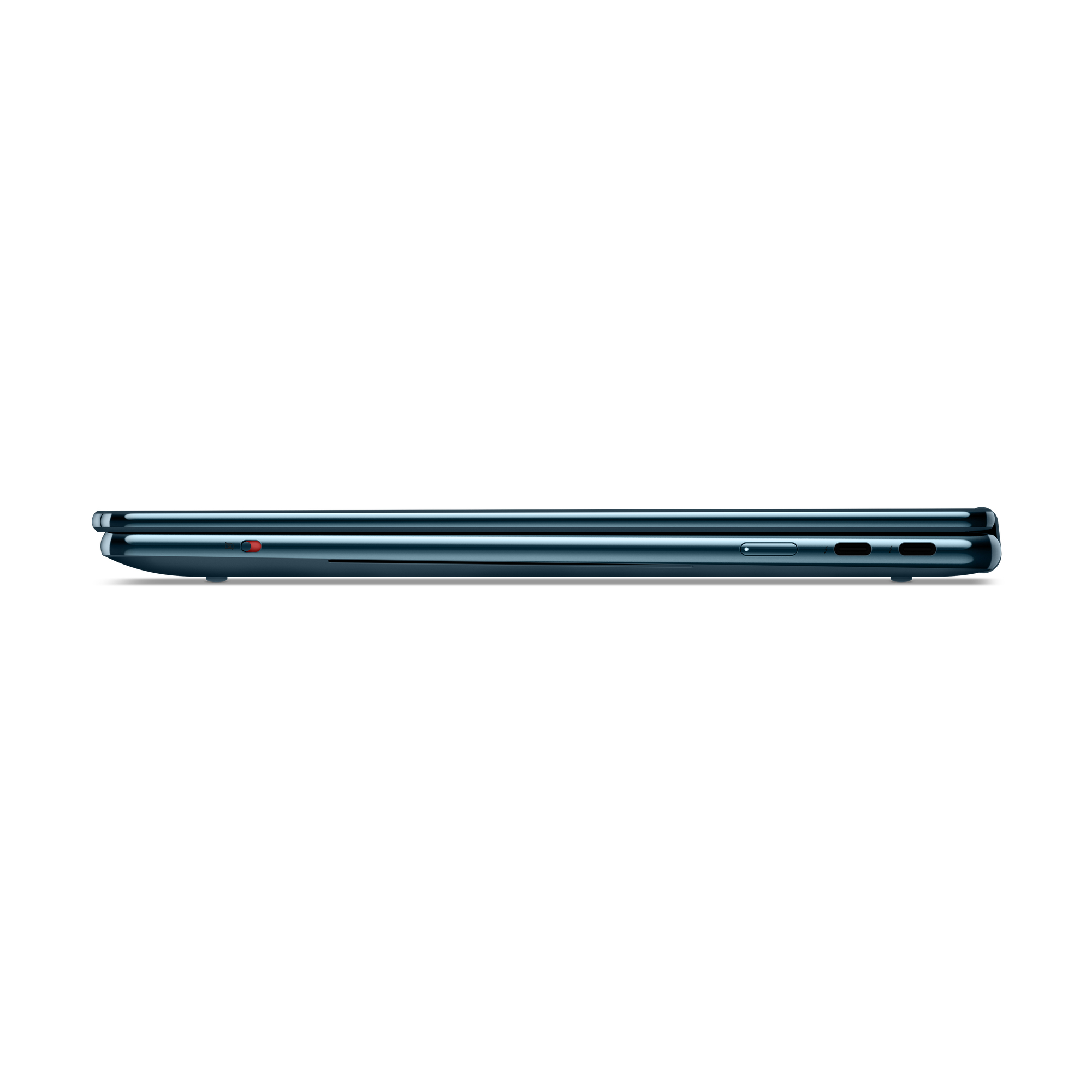 Ein geschlossener, blauer Laptop von der Seite gesehen. Er hat einen Ein-/Ausschalter, Anschlüsse und ein rotes Licht.