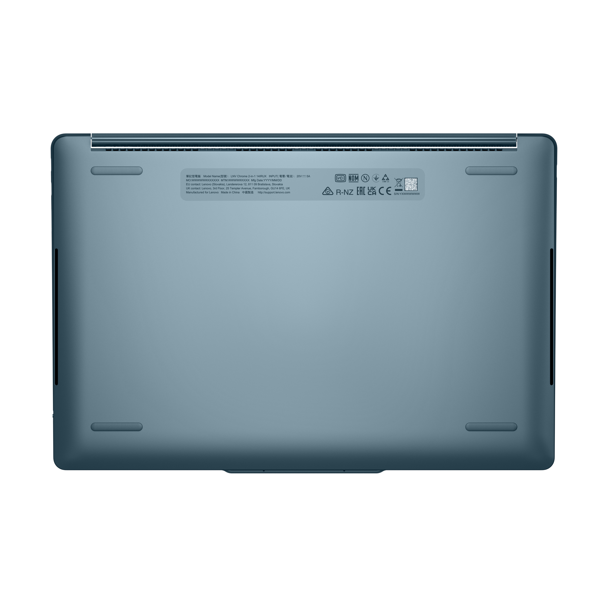 Die Unterseite eines teal-farbenen Laptops. Er hat Etiketten und Markierungen, einschließlich einer Seriennummer und Regulierungssymbole.