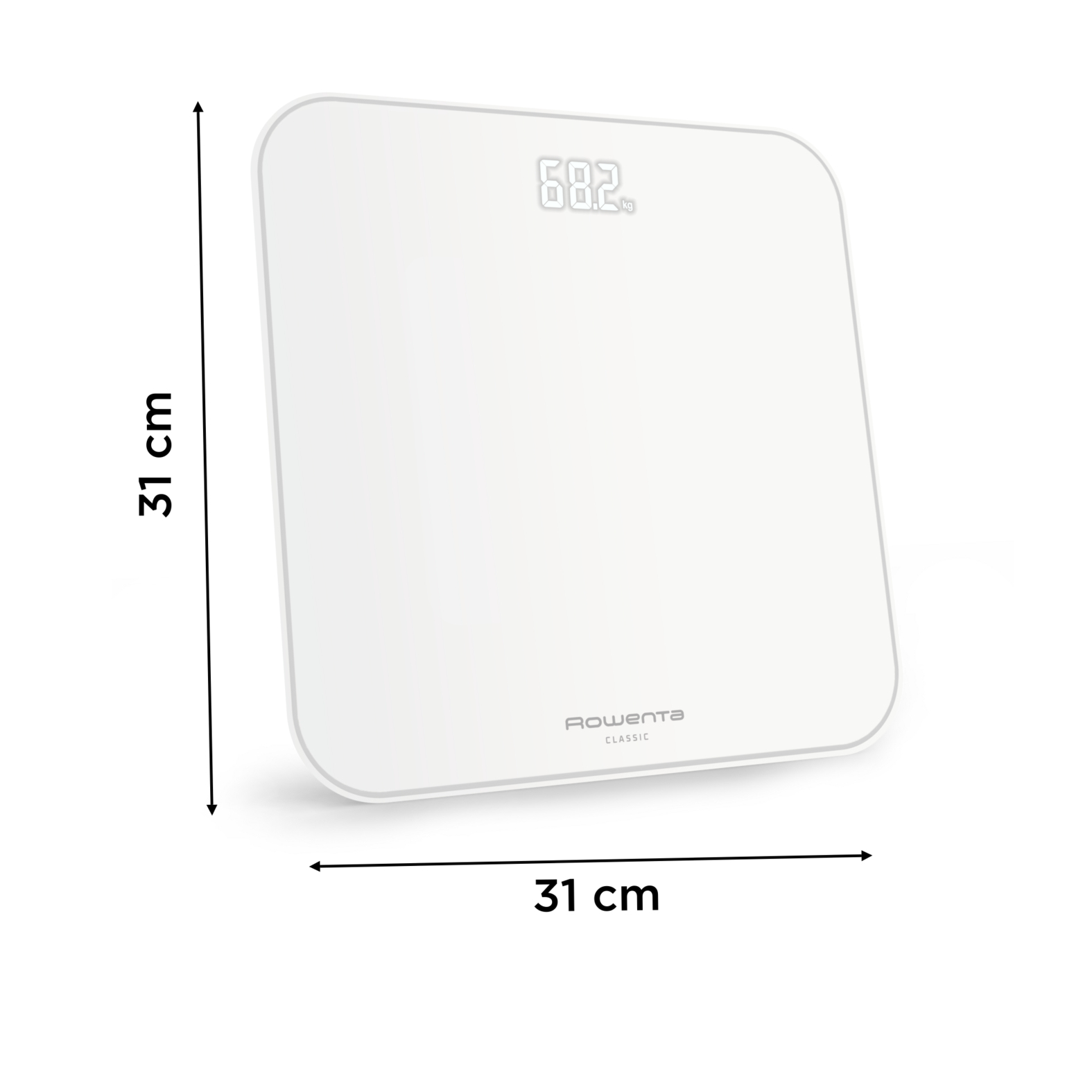 Eine weiße Digitalwaage der Marke Rowenta Classic zeigt 68,2 kg an. Abmessungen: 31 cm x 31 cm. Der Hintergrund ist weiß.