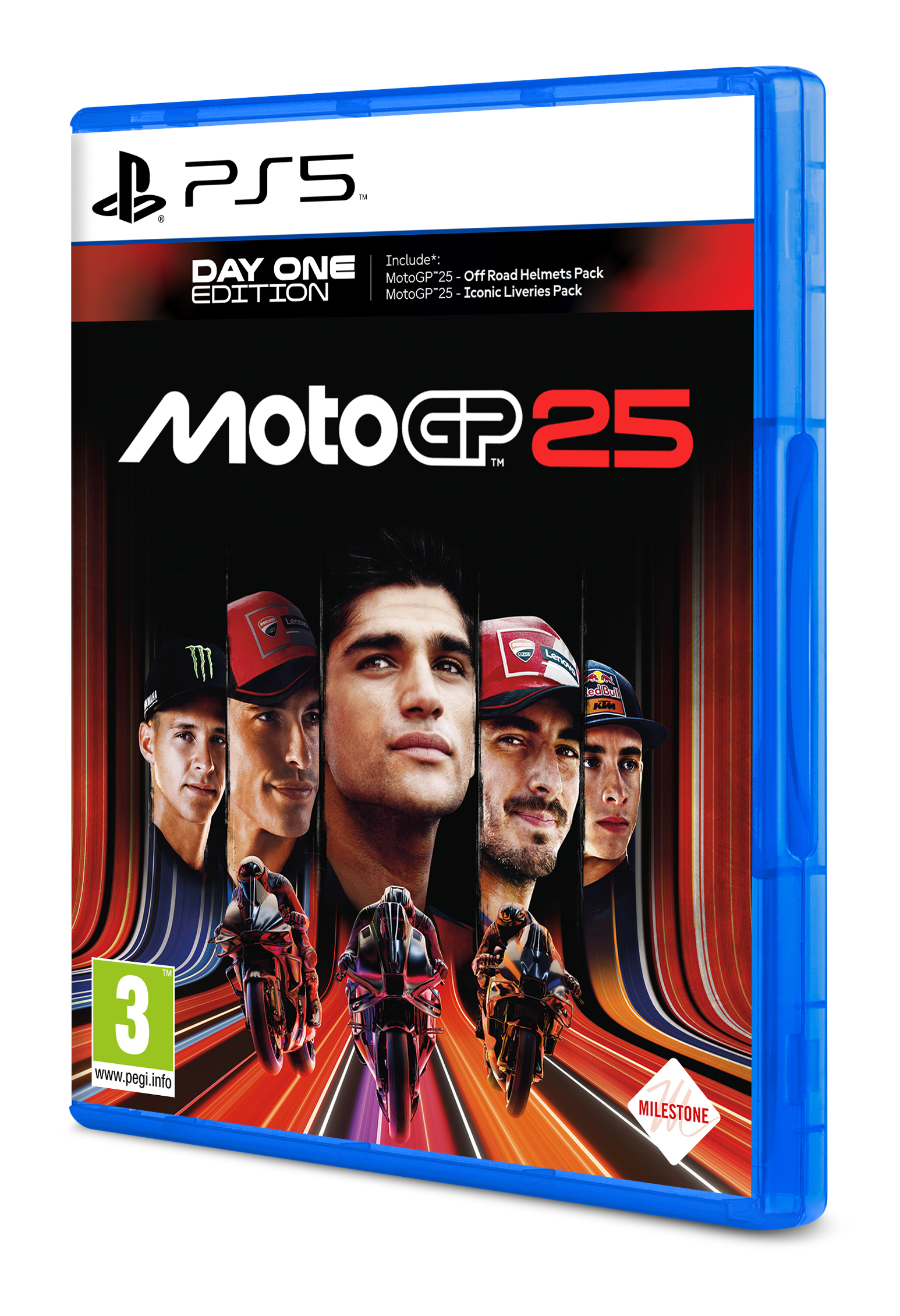 Copertina del gioco MotoGP 25. Presenta piloti, moto e il logo PS5. Include i dettagli della Day One Edition.