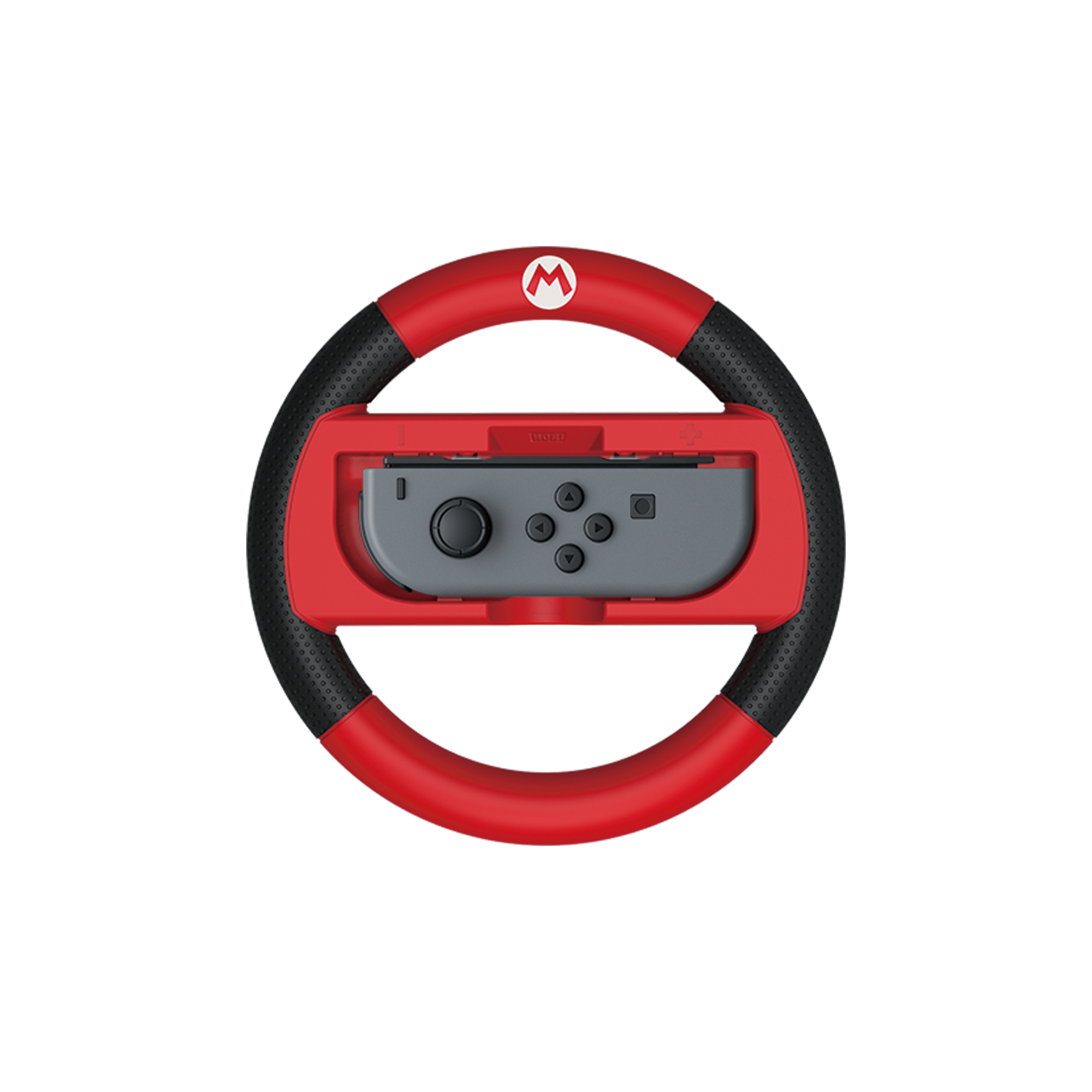 Un volante rojo con temática de Mario con un agarre negro y un controlador Nintendo Switch en el centro.