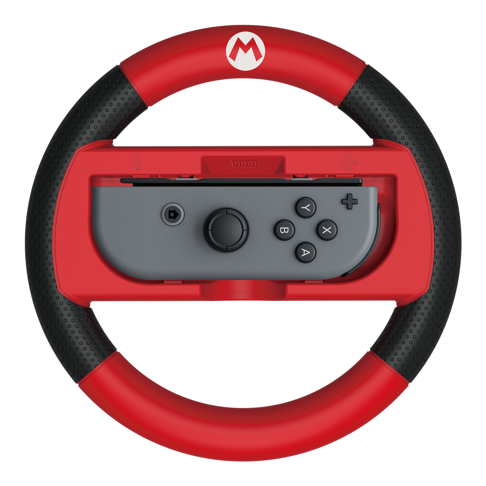 Un volante de carreras rojo con tema de Mario, con un controlador Nintendo Switch gris en el centro. Agarre negro y logo de Mario.