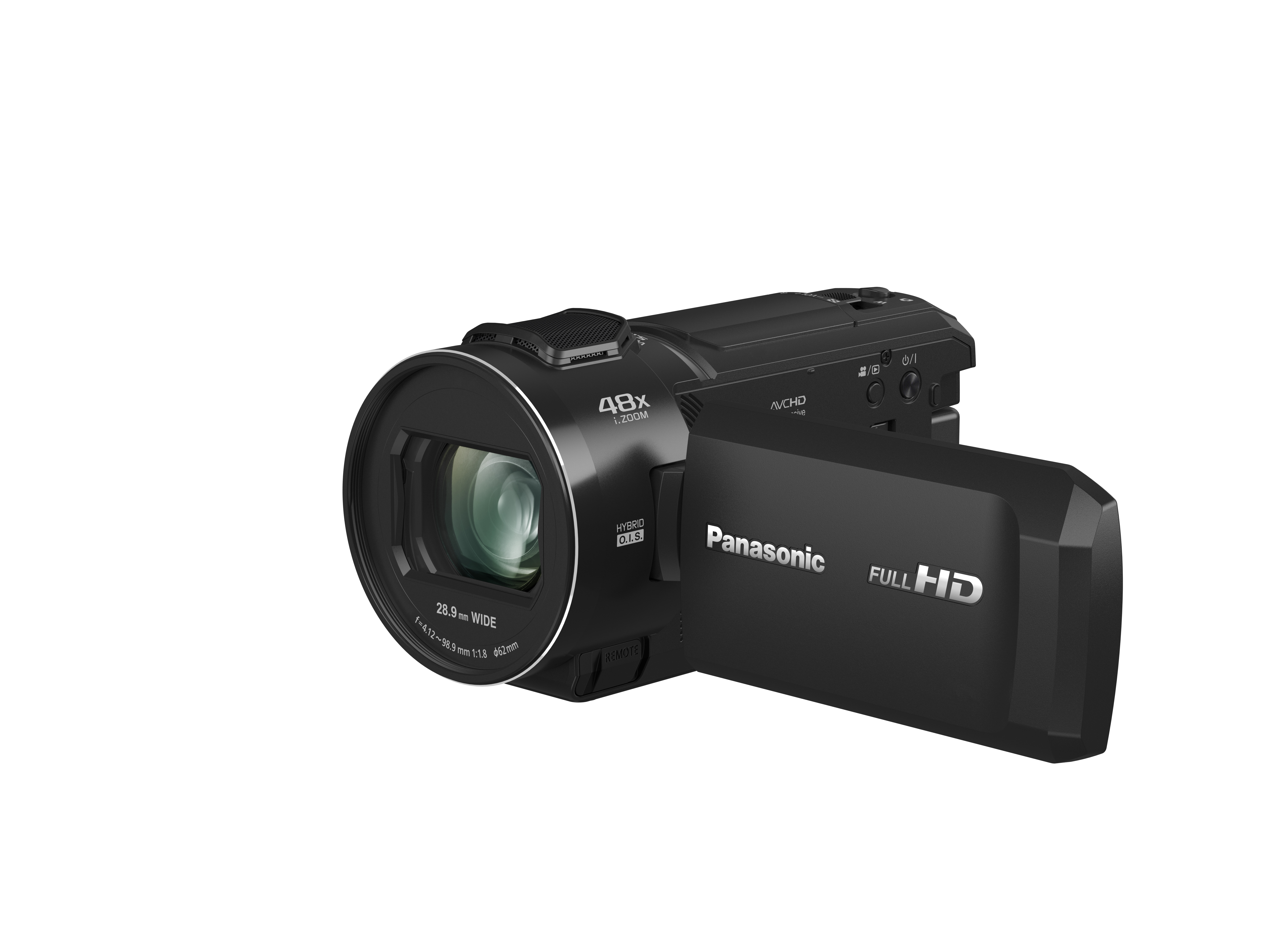 Eine schwarze Panasonic Full HD-Camcorder. Das Objektiv ist prominent. Der Camcorder befindet sich auf weißem Hintergrund.